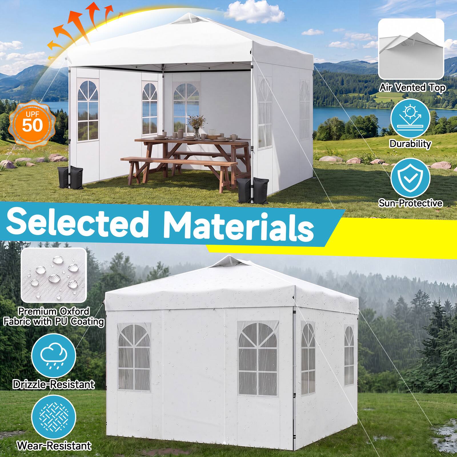 Air Vented Top UPF 50 Durability Sun-Protective Selected Materials Premium Oxford Fabric with PU Coating Drizzle-Resistant Wear-Resistant
