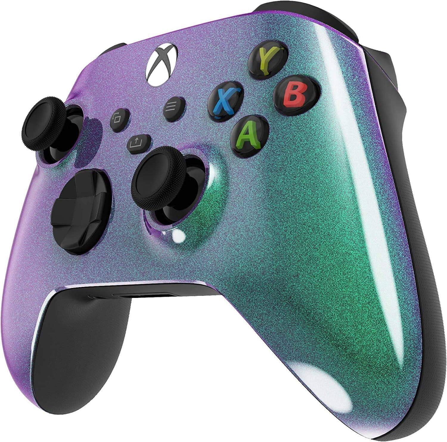 Angle. Custom Controllerzz - Custom Wireless Controller for Xbox Series X|S, Xbox One, & PC - Green & Purple Chameleon.