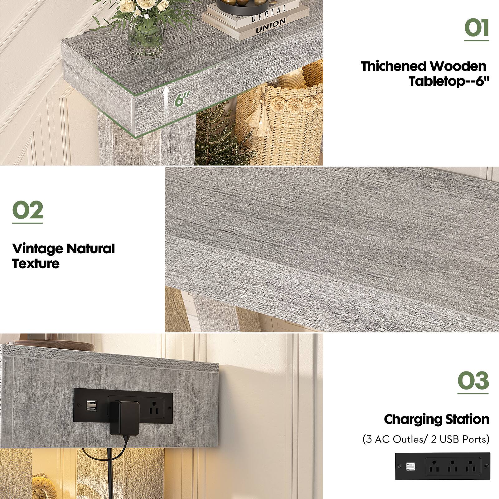 Cereal Union 01 Thickened Wooden Tabletop--6"  
02 Vintage Natural Texture  
03 Charging Station (3 AC Outlets/ 2 USB Ports)