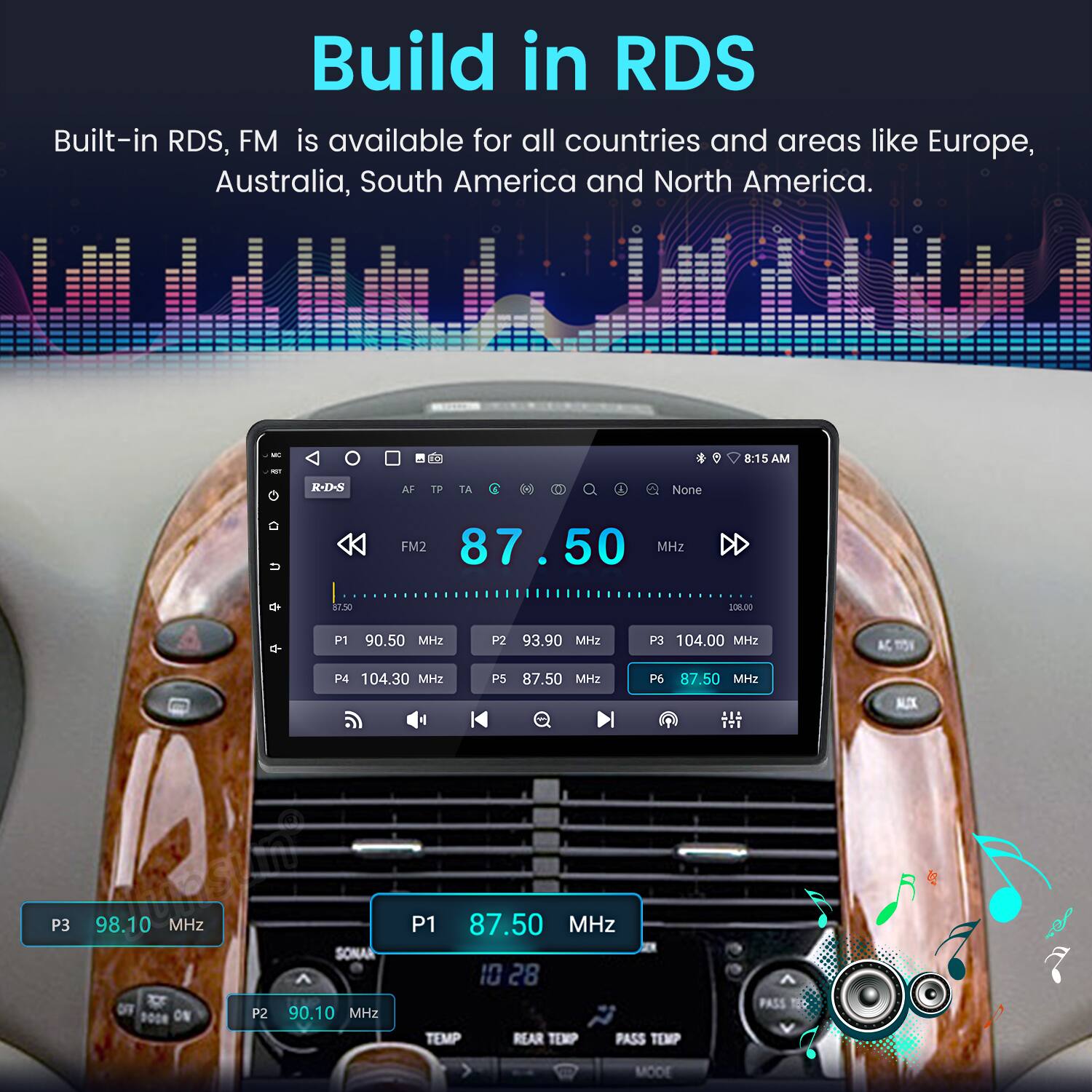 Build in RDS

Built-in RDS, FM is available for all countries and areas like Europe, Australia, South America and North America.