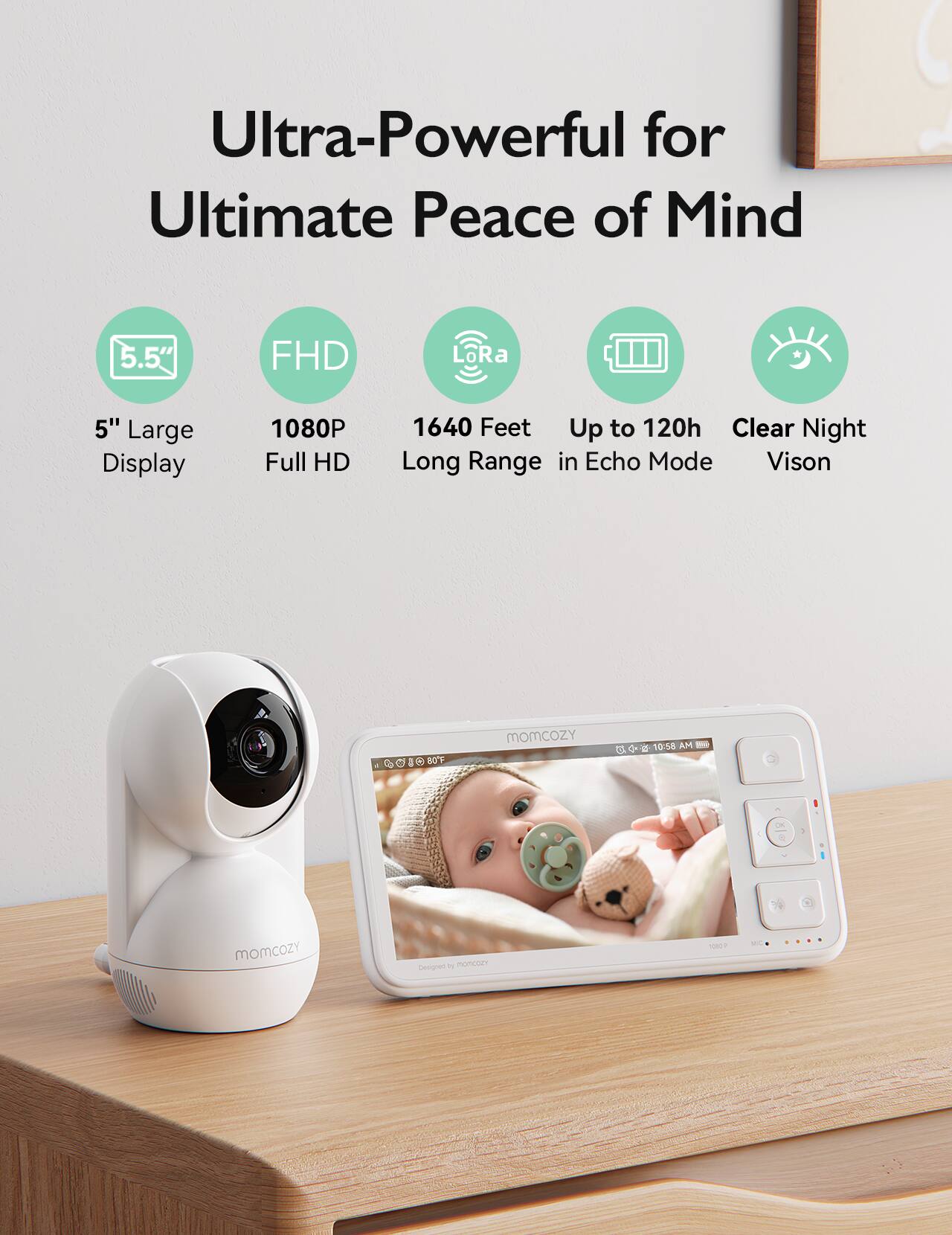 Ultra-Powerful for Ultimate Peace of Mind, 5.5" Large Display, FHD, 1080P Full HD, 1640 Feet Long Range in Echo Mode, Up to 120h, Clear Night Vision, momcozy, 10:58 AM - OK, momcozy, 1080P