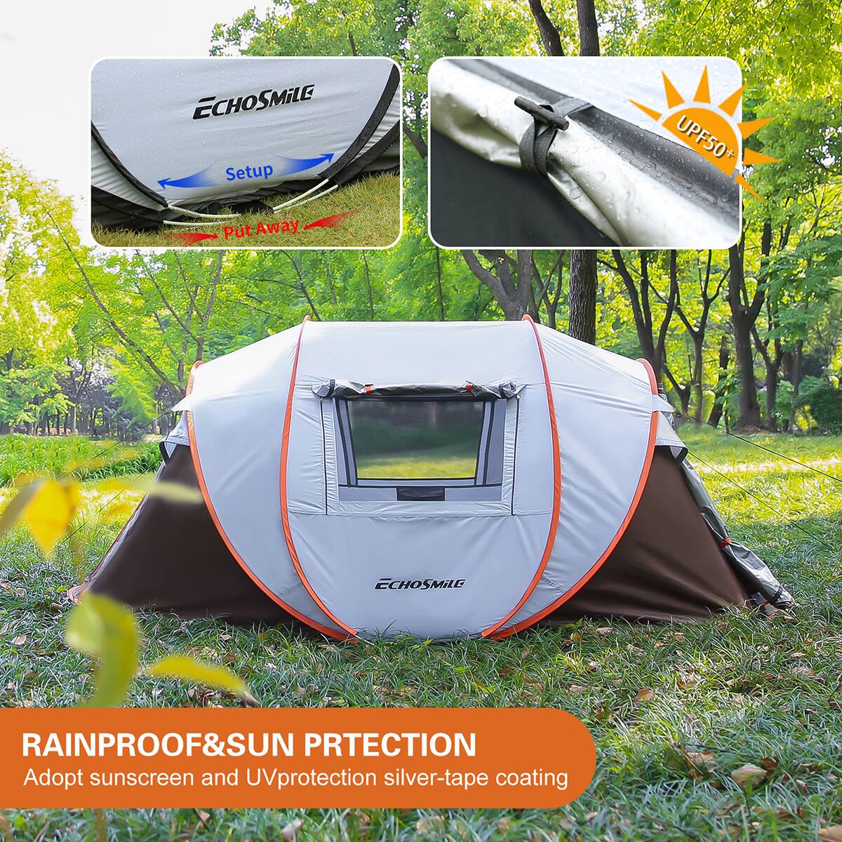 **ECHOSMiLE**

**Setup**  
**Put Away**

**UPF50+**

**RAINPROOF&SUN PROTECTION**  
Adopt sunscreen and UV protection silver-tape coating