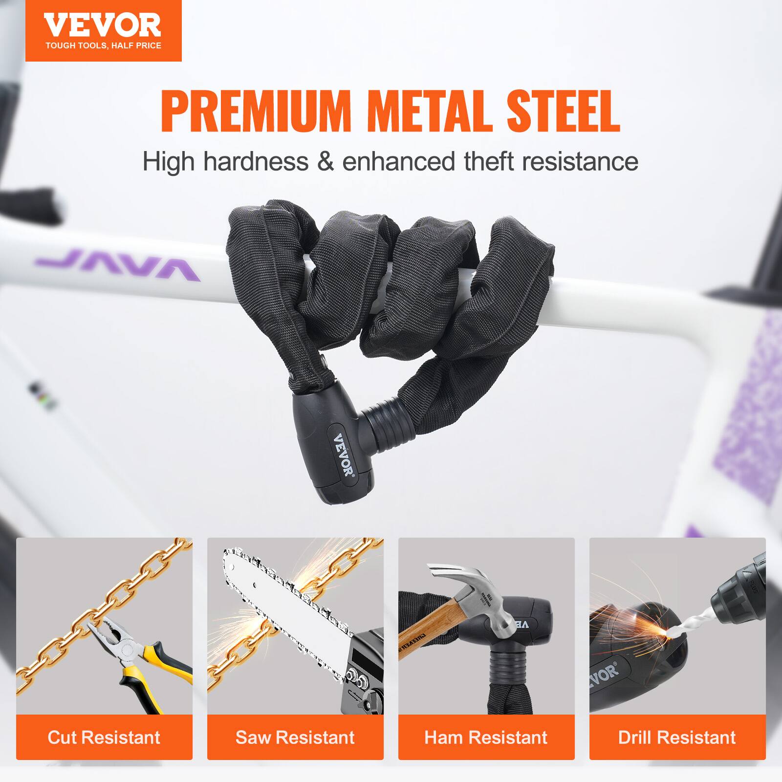 VEVOR  
TOUGH TOOLS, HALF PRICE  

PREMIUM METAL STEEL  
High hardness & enhanced theft resistance  

Cut Resistant  
Saw Resistant  
Ham Resistant  
Drill Resistant