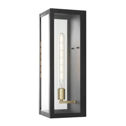 Front. Jonathan Y - Berlin 20" Modern Industrial Indoor/Outdoor Rectangular Iron/Glass LED Outdoor Lantern, Black/Gold Painting - Black/Gold Painting.