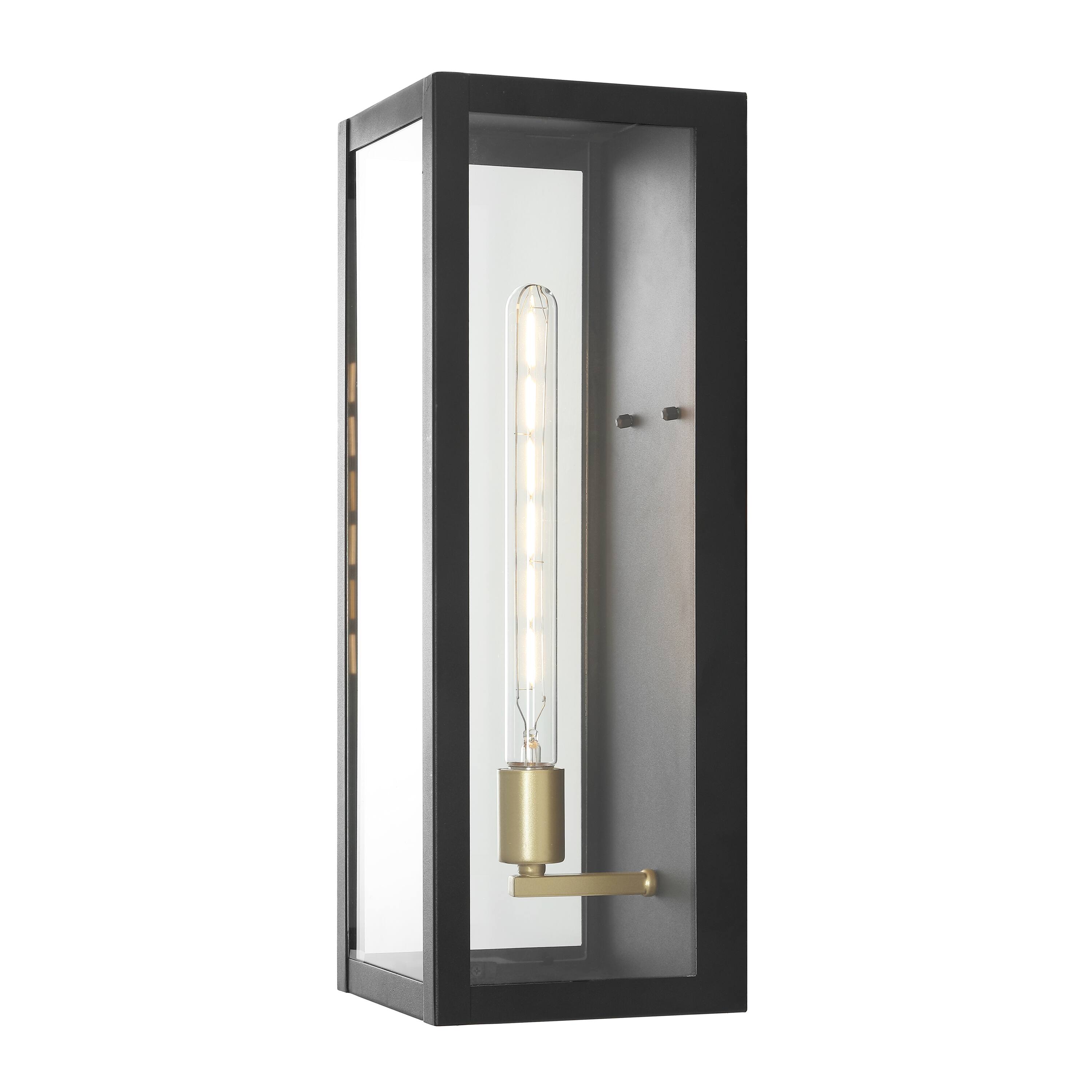 Front. Jonathan Y - Berlin 20" Modern Industrial Indoor/Outdoor Rectangular Iron/Glass LED Outdoor Lantern, Black/Gold Painting - Black/Gold Painting.
