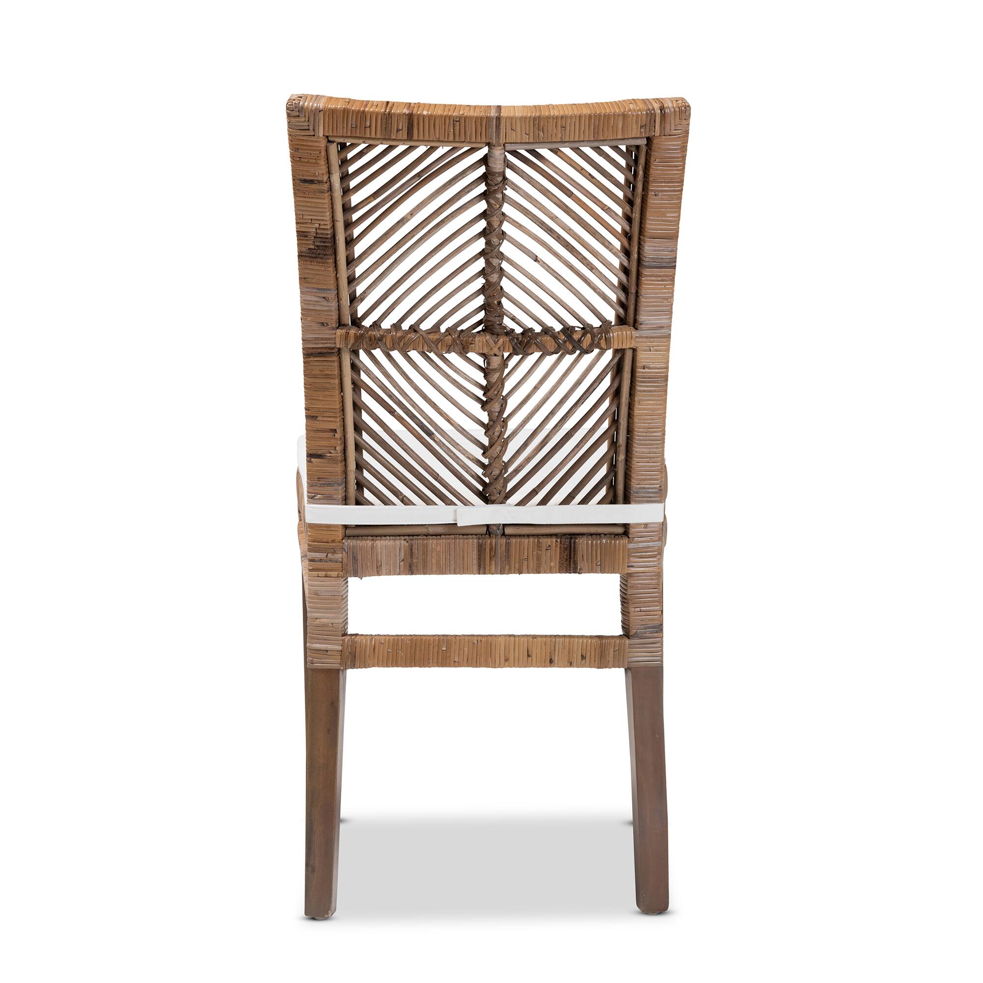 Back. bali & pari - Laluna Modern Bohemian Natural Rattan and Mahogany Dining Chair with Cushion - Greywashed/White.