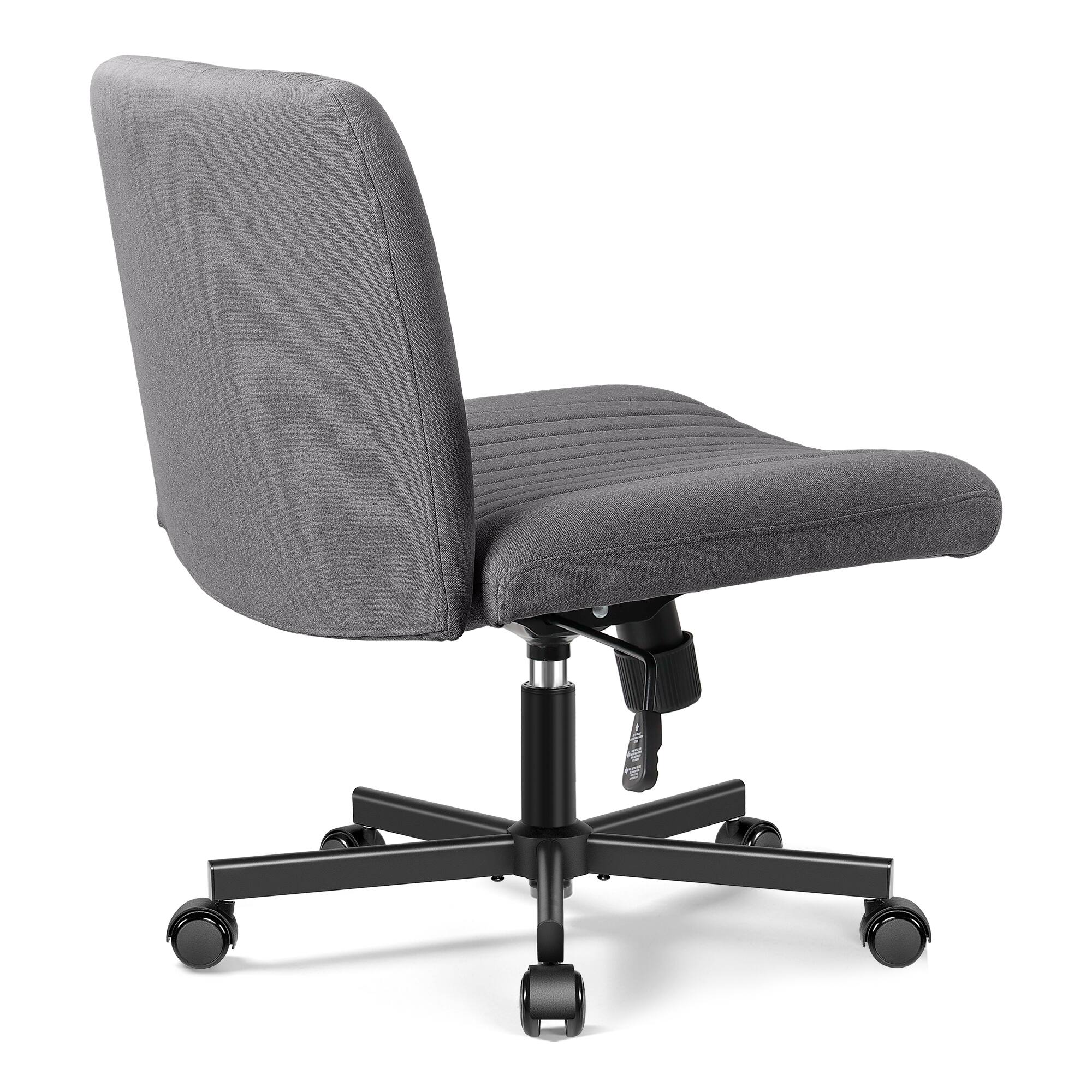 Back. Brick Attic - Criss Cross Chair with Wheels, Wide Cross Legged Office Desk Vanity Chair Comfy Fabric Armless Adjustable Swivel - Dark Gray.