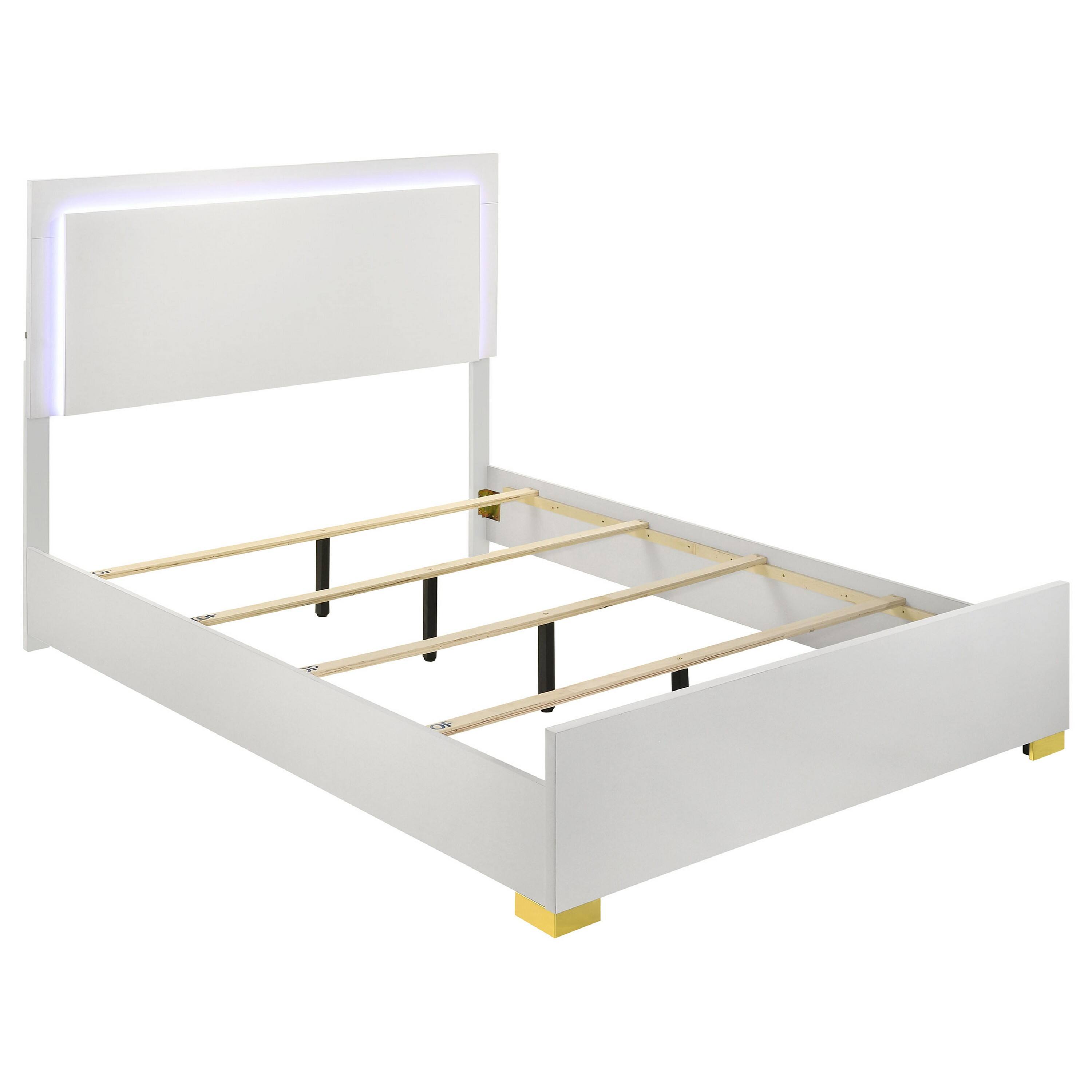 Angle. Manhattan Lane - Dex Full Size Bed with LED Framed Headboard, White Wood Finish, Gold Legs - White, Gold.