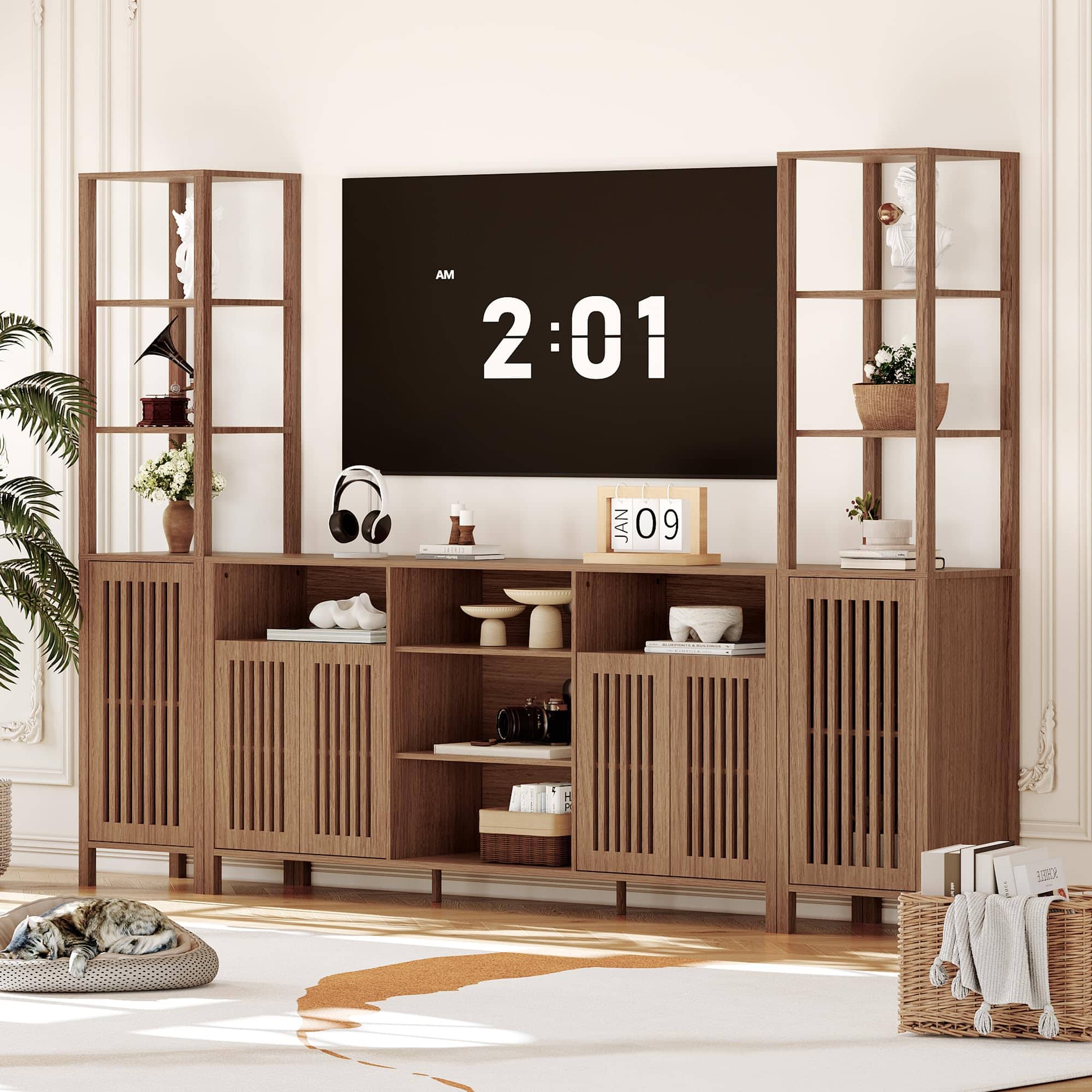 Jojoka - 3-Piece Large TV Stand for TVs up to 70", Entertainment Center with Modular Bookshelves Cabinet, Doors & Shelves - Brown