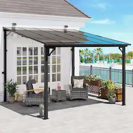 Yardgrace - 10'x 10' Outdoor Wall Mounted Lean-to Gazebo, Heavy Duty Sloped Roof Metal Awning for Patio, Decks & Backyard - Black