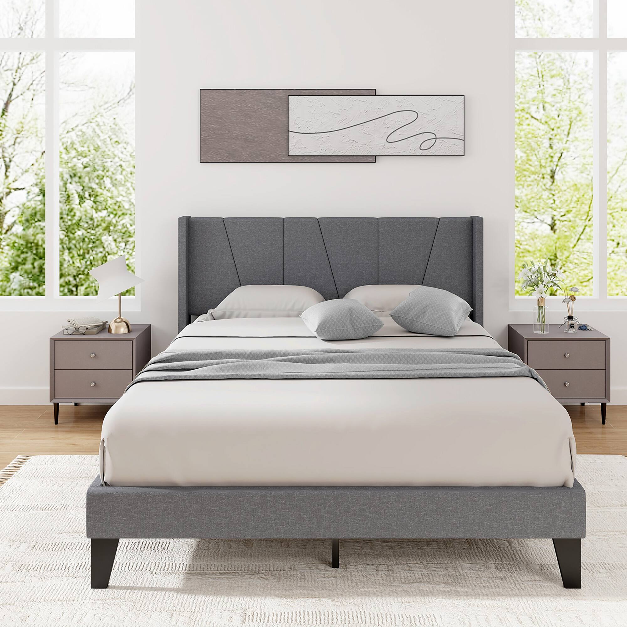 Alt View 5. Gymax - Gymax Queen Size Upholstered Bed Frame w/ Elastic Pockets Mattress Foundation Gray - Gray.