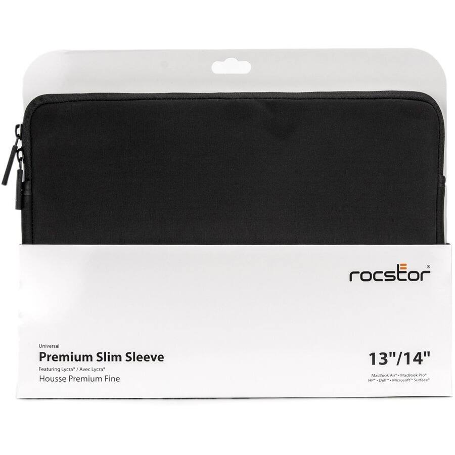 rocstor  
Universal Premium Slim Sleeve  
Featuring Lycra* / Avec Lycra*  
Housse Premium Fine  

13"/14"  
MacBook Air* - MacBook Pro*  
HP* - Dell* - Microsoft* Surface*