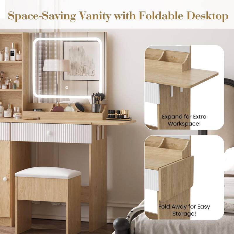 Space-Saving Vanity with Foldable Desktop

Expand for Extra Workspace!

Fold Away for Easy Storage!