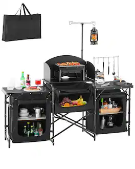VEVOR - Camping Kitchen Table, Outdoor Camp Cooking Table, Aluminum Portable Cook Station with 3 Storage Cupboard, Carrying Bag - Black