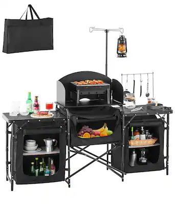 Front. VEVOR - Camping Kitchen Table, Outdoor Camp Cooking Table, Aluminum Portable Cook Station with 3 Storage Cupboard, Carrying Bag - Black.