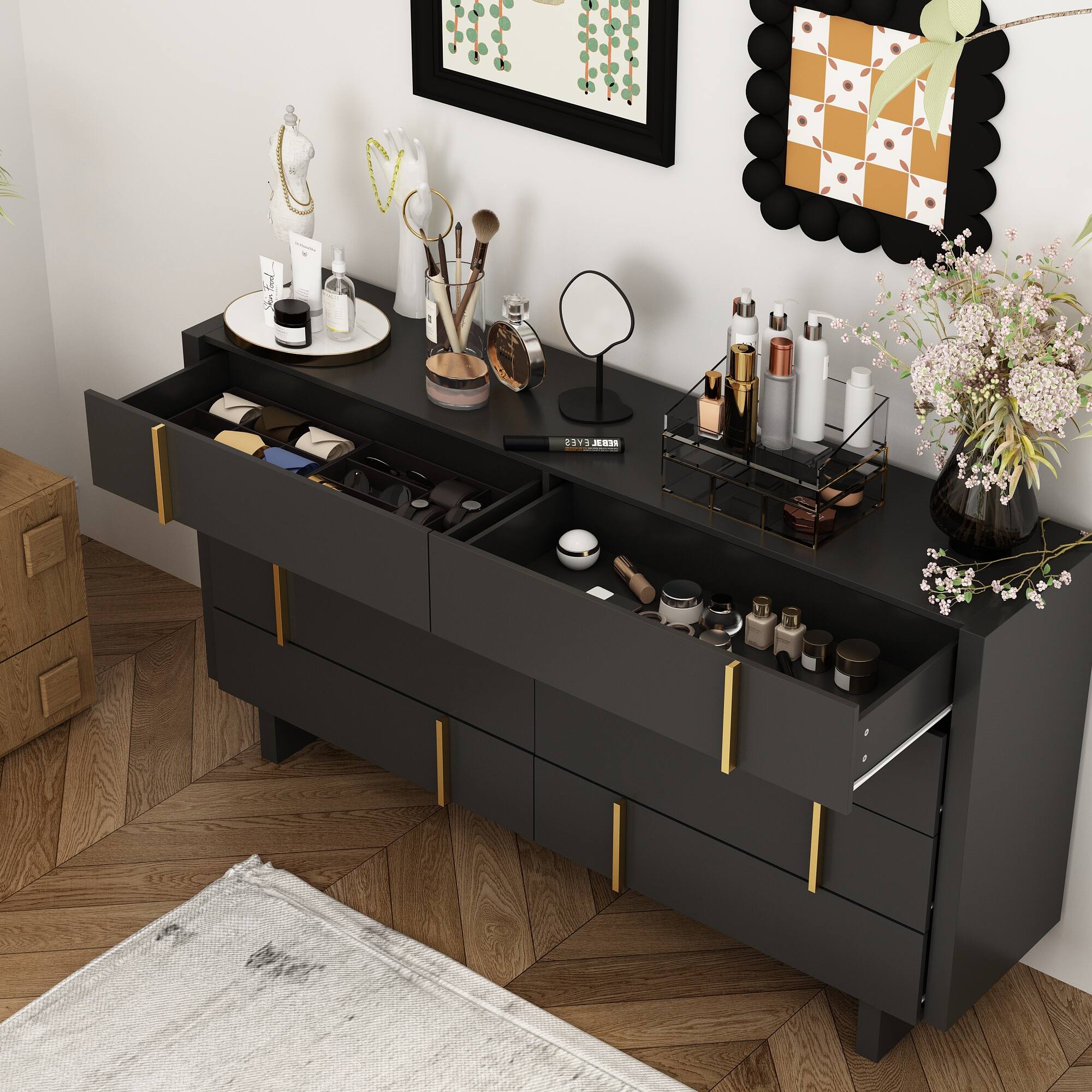 Alt View 9. Famapy - Famapy 8 - Drawer Horizontal Dresser: Anti - Tip & Elegant Gold - Accent Design - Black.