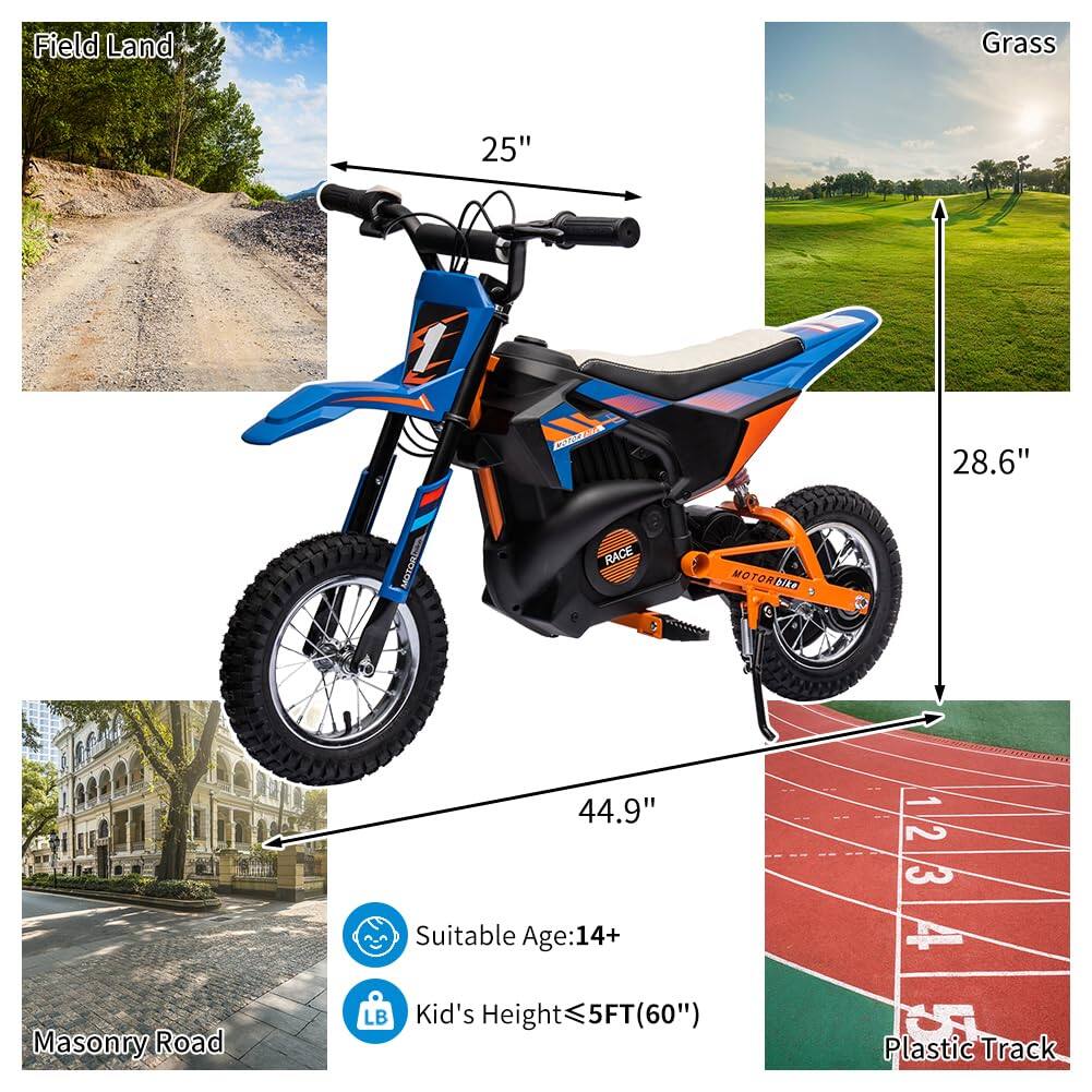 Field Land  
25"  
Grass  
28.6"  
Masonry Road  
44.9"  
Plastic Track  
Suitable Age: 14+  
Kid's Height ≤ 5FT (60")