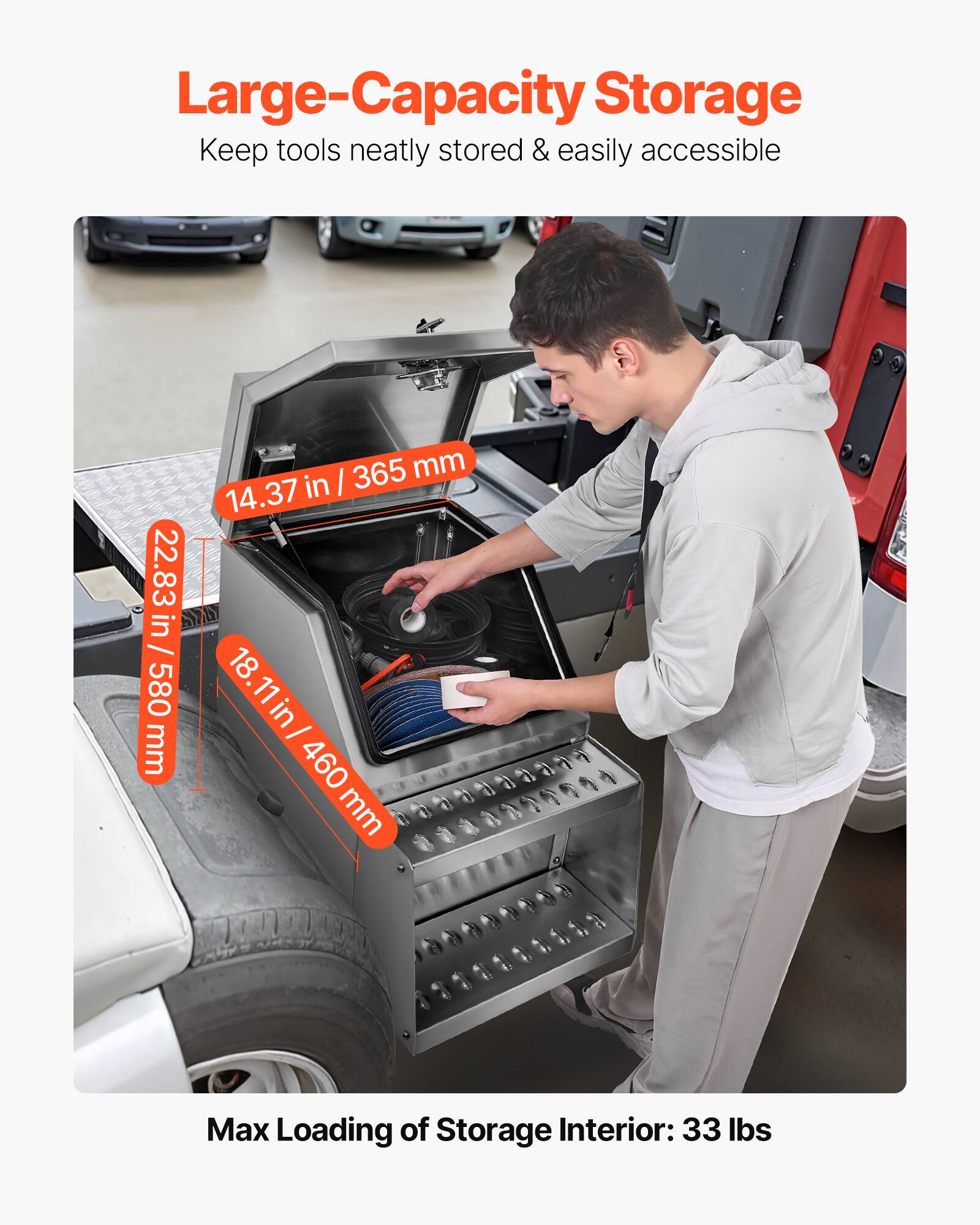 Large-Capacity Storage  
Keep tools neatly stored & easily accessible  

22.83 in / 580 mm  
18.11 in / 460 mm  
14.37 in / 365 mm  

Max Loading of Storage Interior: 33 lbs
