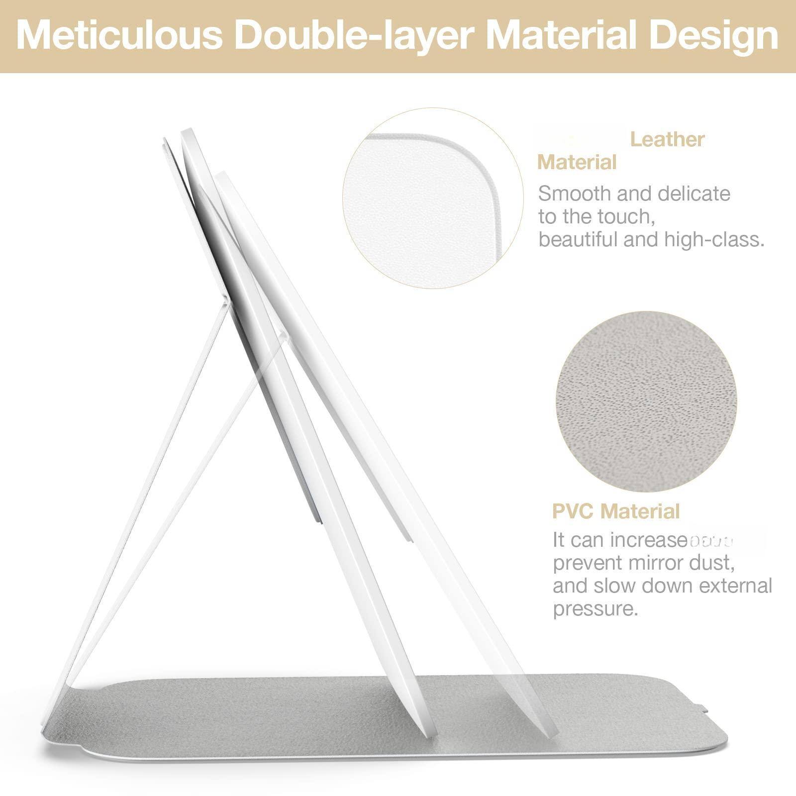 Meticulous Double-layer Material Design

Material:
- Leather: Smooth and delicate to the touch, beautiful and high-class.

PVC Material:
- It can increase durability, prevent mirror dust, and slow down external pressure.