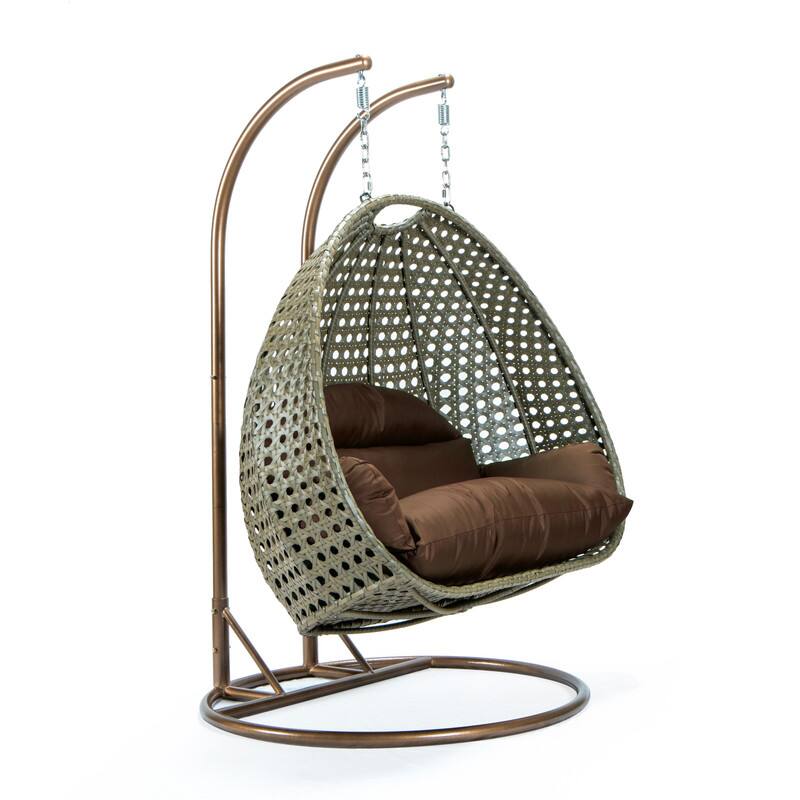 Back. LeisureMod - Leisuremod 2-Person Wicker Egg Swing Chair with Stand & Washable Cushions - Indoor/Outdoor Double Hanging Patio Chair - Brown.