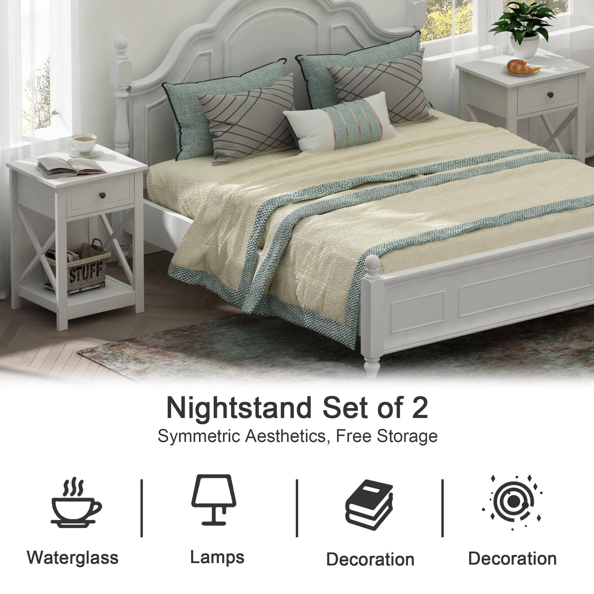 Nightstand Set of 2  
Symmetric Aesthetics, Free Storage  

- Waterglass  
- Lamps  
- Decoration  
- Decoration