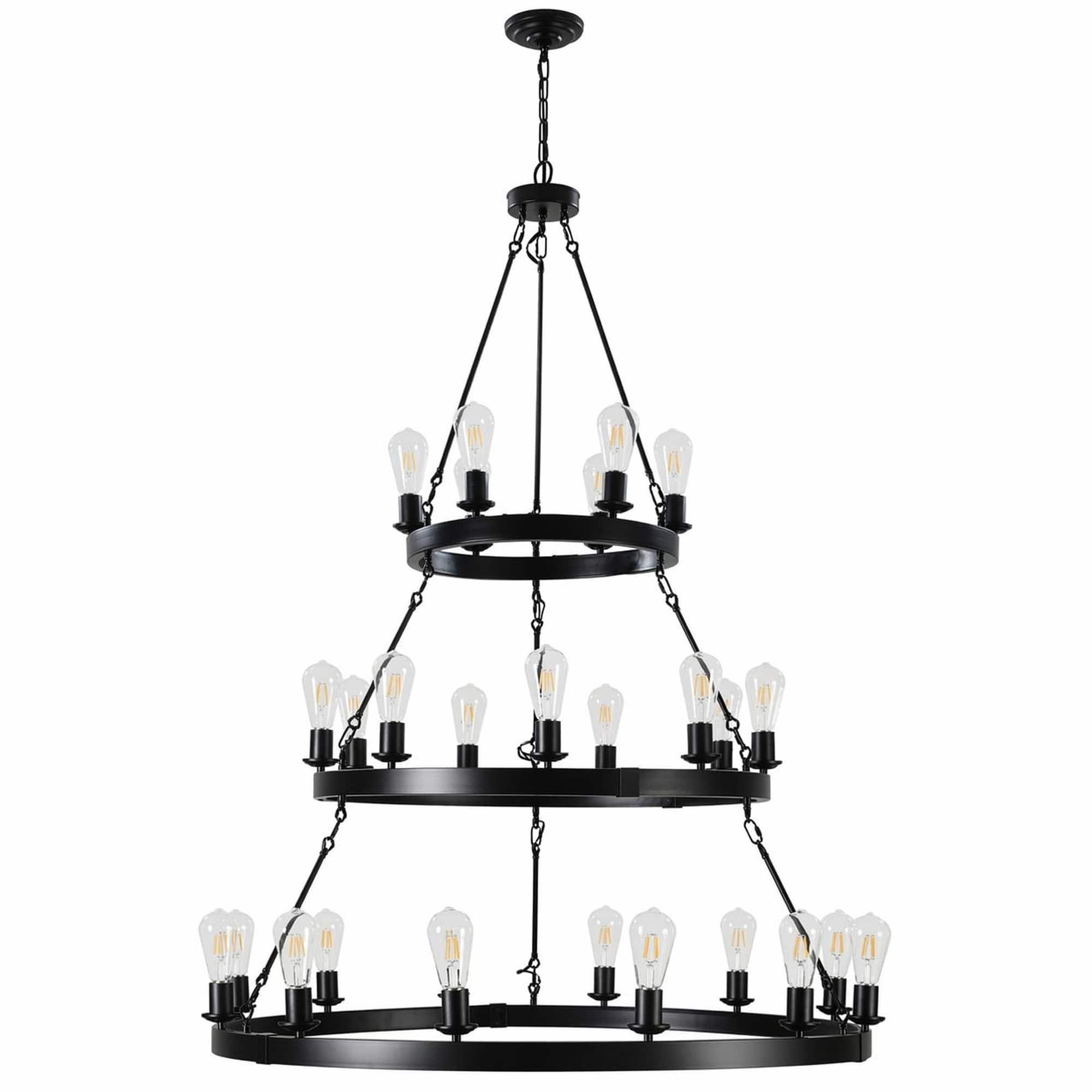 Front. RYHNUYNE - 45-Inch Black 3-Tier Industrial Pendant Light with 27 Sockets, Adjustable Chain, for Dining Room, Living Room.