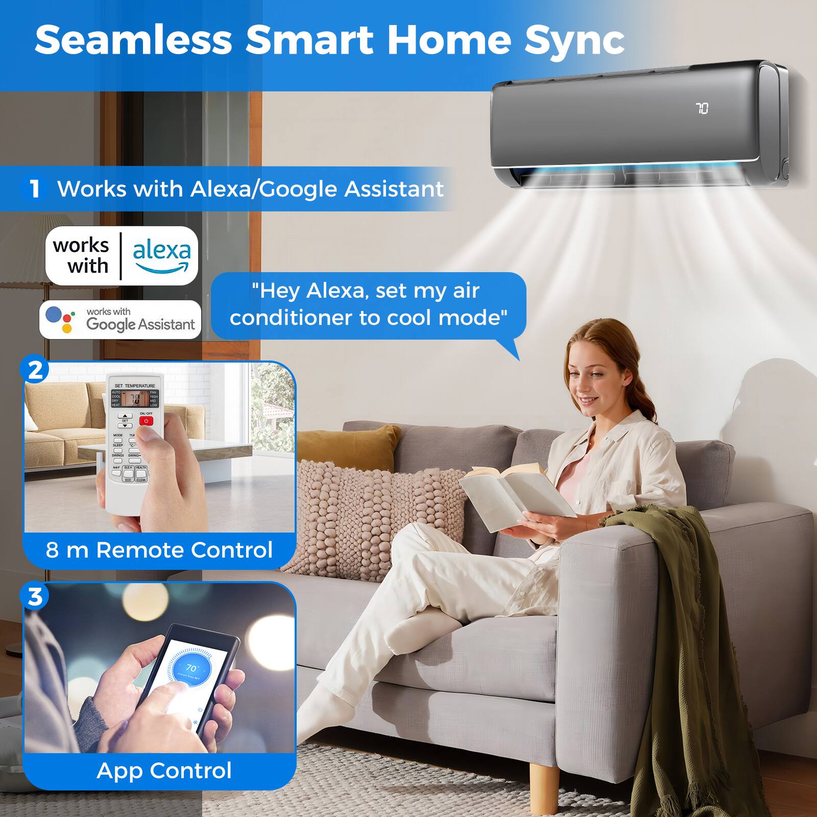 Seamless Smart Home Sync
1. Works with Alexa/Google Assistant
2. 8 m Remote Control
3. App Control