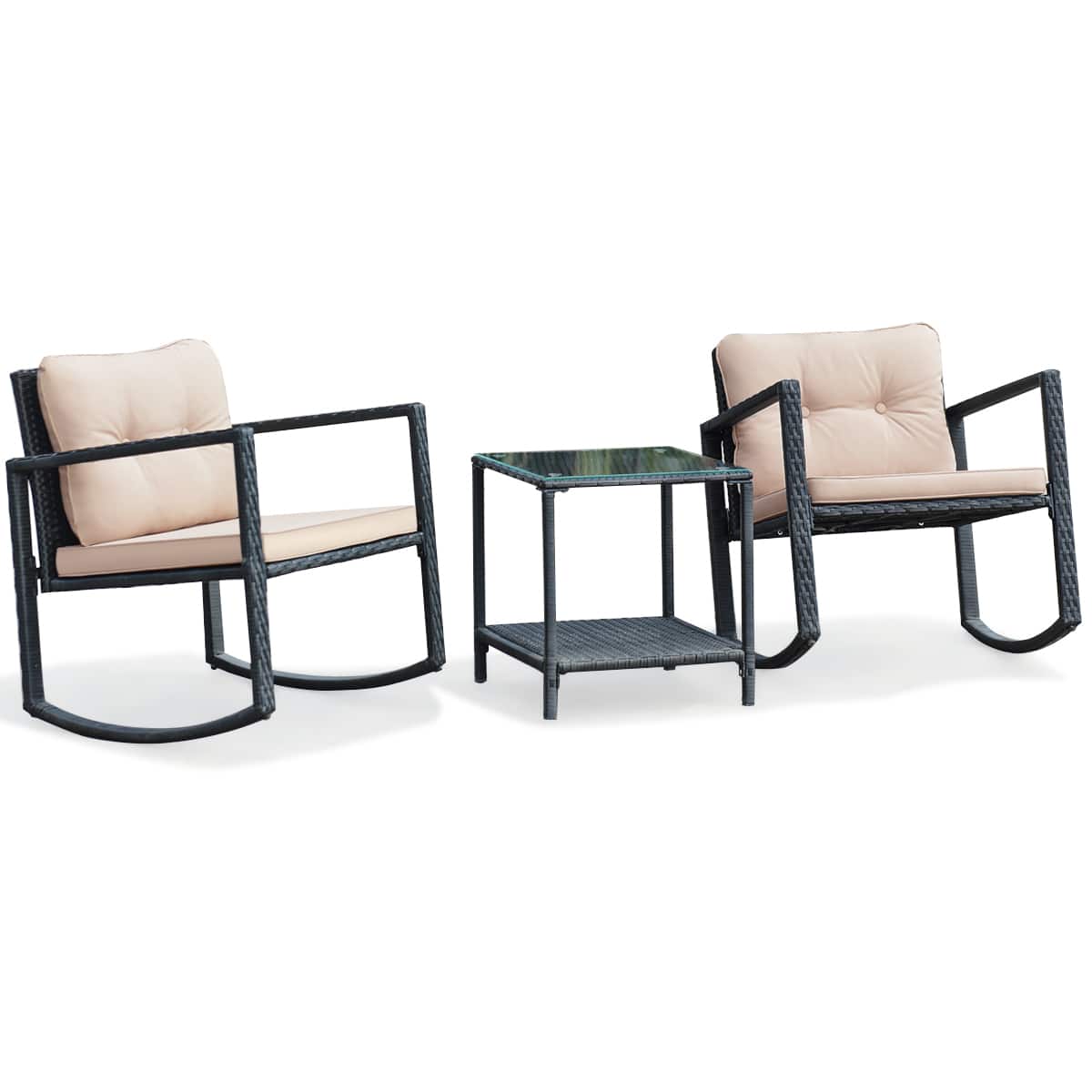 Left. Costway - 3PC Patio Rattan Conversation Set Rocking Chair Cushioned Sofa Garden Furniture - Black,Beige.