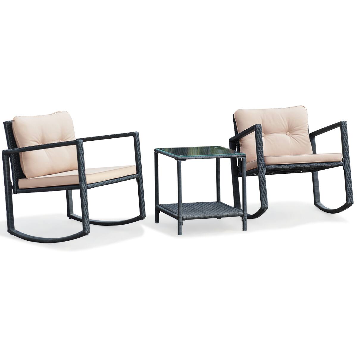 Left. Costway - 3PC Patio Rattan Conversation Set Rocking Chair Cushioned Sofa Garden Furniture - Black,Beige.