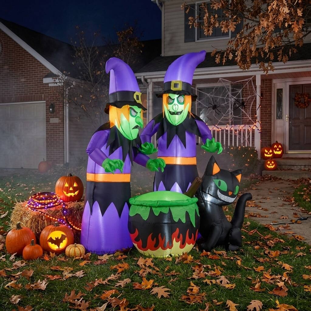 Front. WELLFOR - 6 Ft Halloween Inflatable Witch Decoration with Cauldron and Black Cat - Multicolor.