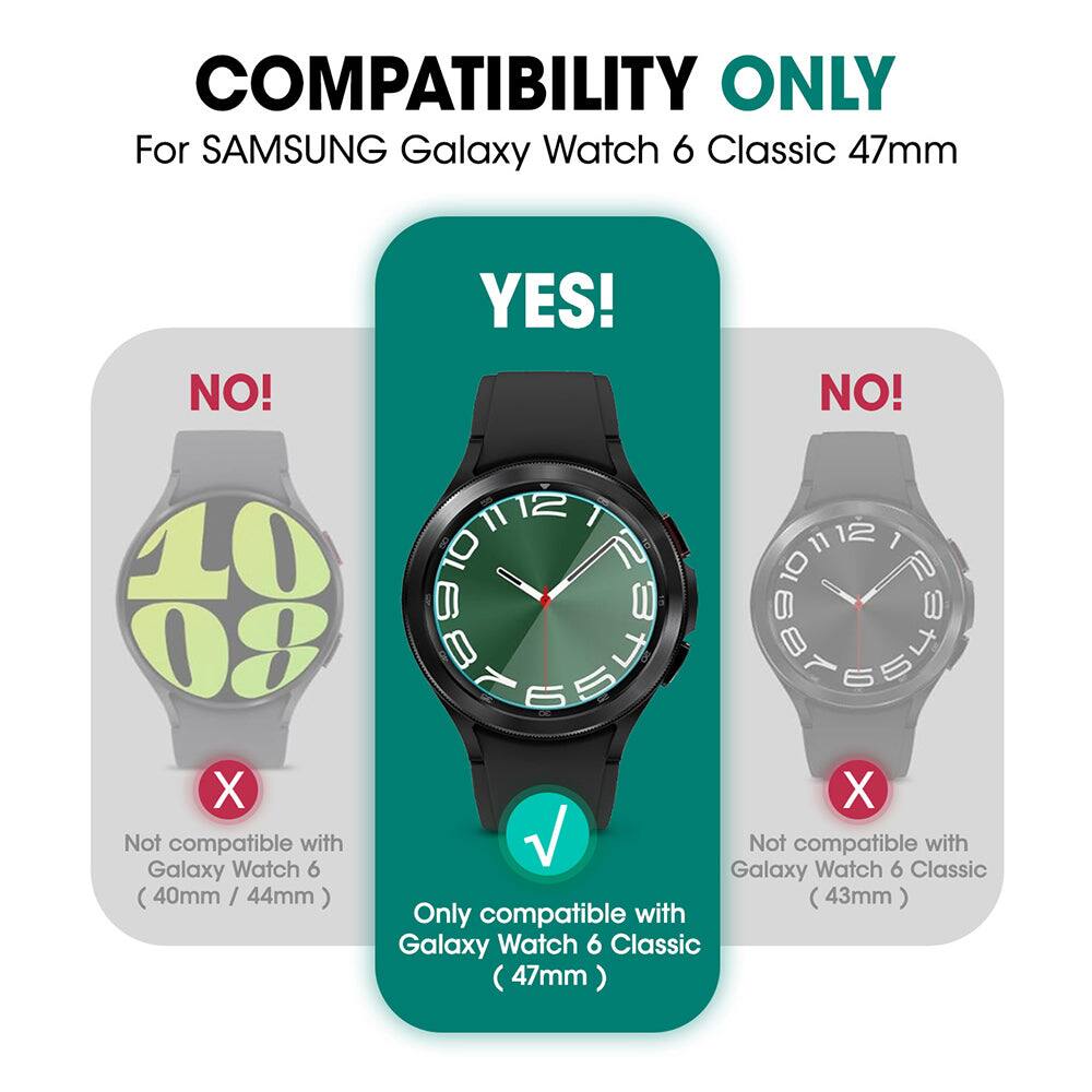COMPATIBILITY ONLY  
For SAMSUNG Galaxy Watch 6 Classic 47mm  

YES!  
Only compatible with Galaxy Watch 6 Classic (47mm)  

NO!  
Not compatible with Galaxy Watch 6 (40mm / 44mm)  

NO!  
Not compatible with Galaxy Watch 6 Classic (43mm)