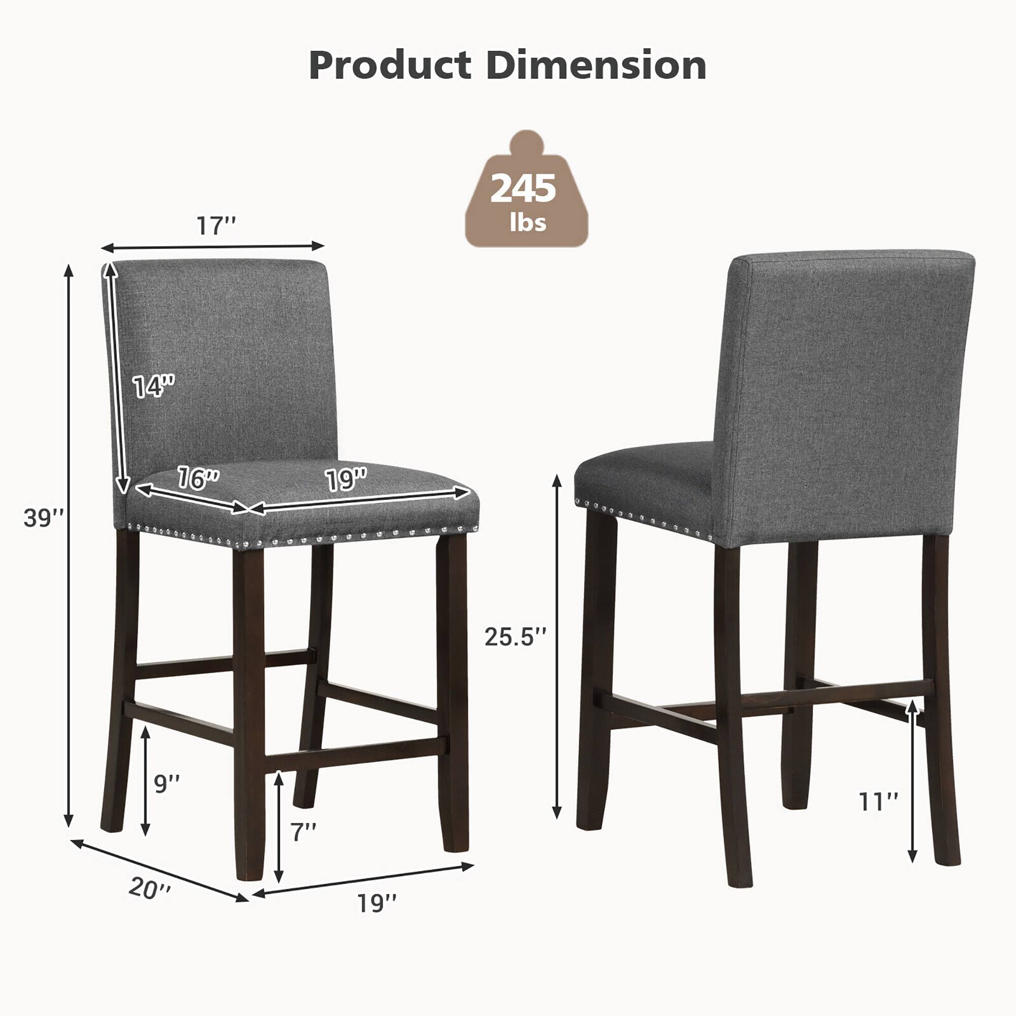 Product Dimension 245 Ibs
17" 14" 39" 16" 19" 25.5" 9" 7" 11" 20" 19"