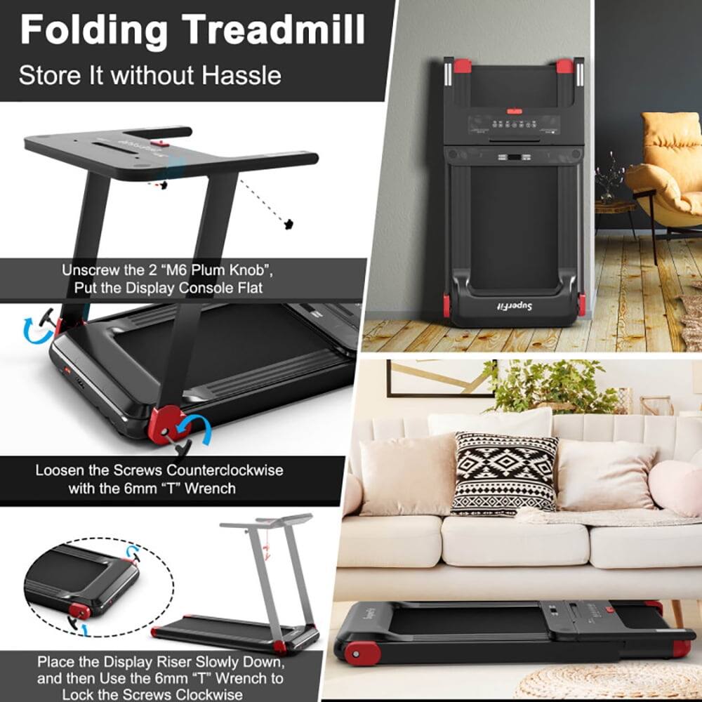 Folding Treadmill  
Store It without Hassle

1. Unscrew the 2 "M6 Plum Knob", Put the Display Console Flat
2. Loosen the Screws Counterclockwise with the 6mm "T" Wrench
3. Place the Display Riser Slowly Down, and then Use the 6mm "T" Wrench to Lock the Screws Clockwise