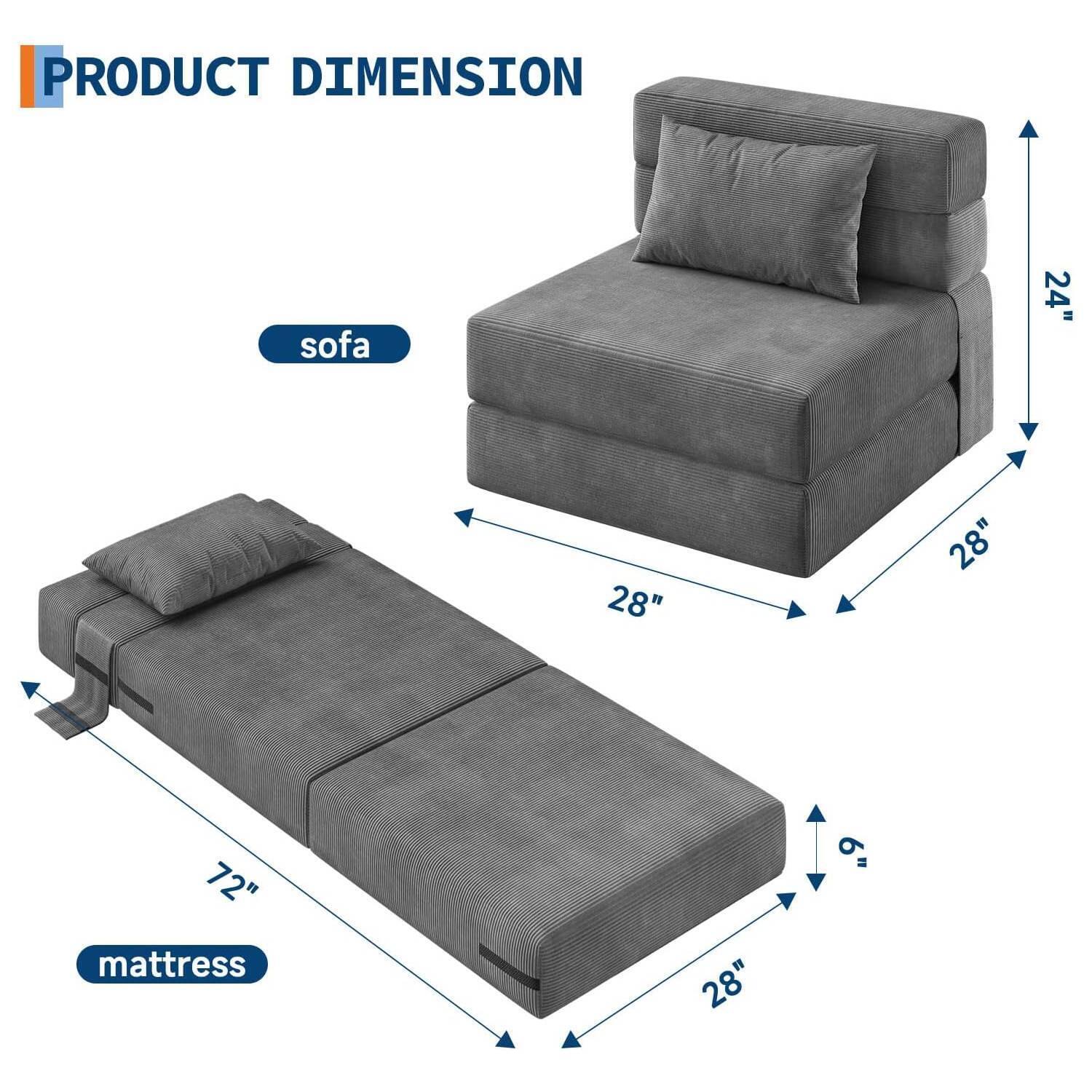 PRODUCT DIMENSION

sofa
- Width: 28"
- Depth: 28"
- Height: 24"

mattress
- Length: 72"
- Width: 28"
- Height: 6"