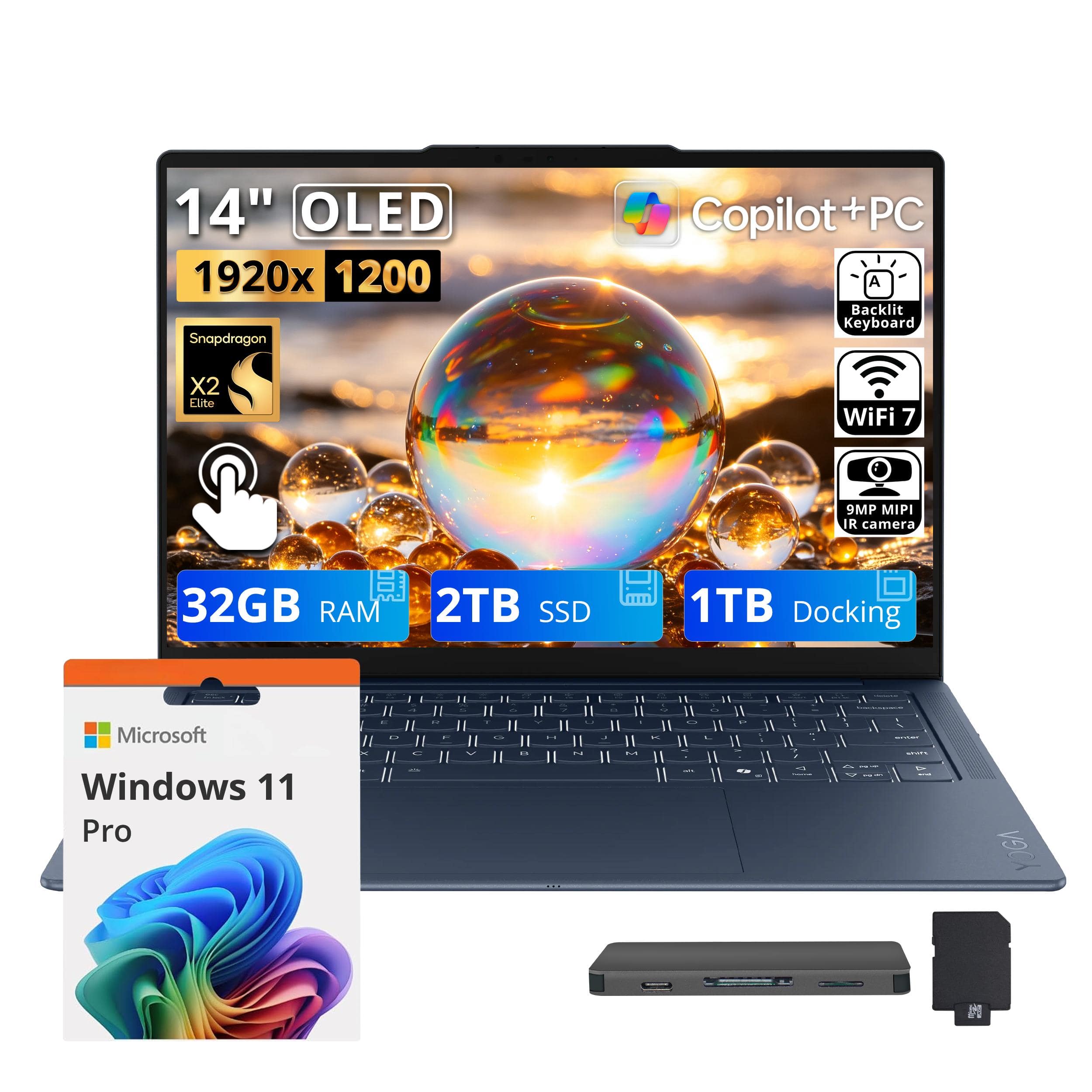 Lenovo - Upgraded - Yoga Slim 7x 14" 2K Touch Laptop,Snapdragon X2 Elite,32GB RAM,2TB SSD+1TB Dock Set,Backlit,Win 11 Pro - Cosmic Blue