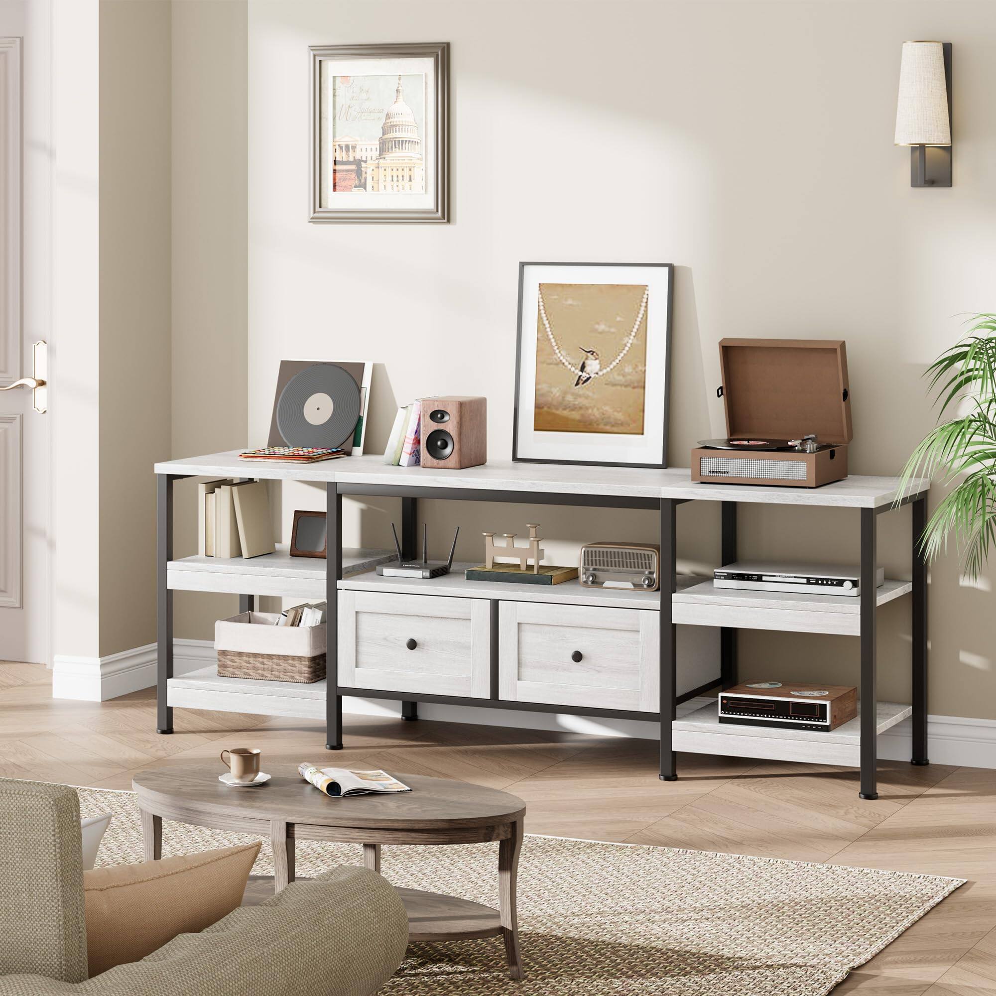 Alt View 1. GAOMON - GAOMON 71" TV Stand for 75" TVs, Industrial Entertainment Center with 2 Drawers, Open Shelves & Metal Frame - White.