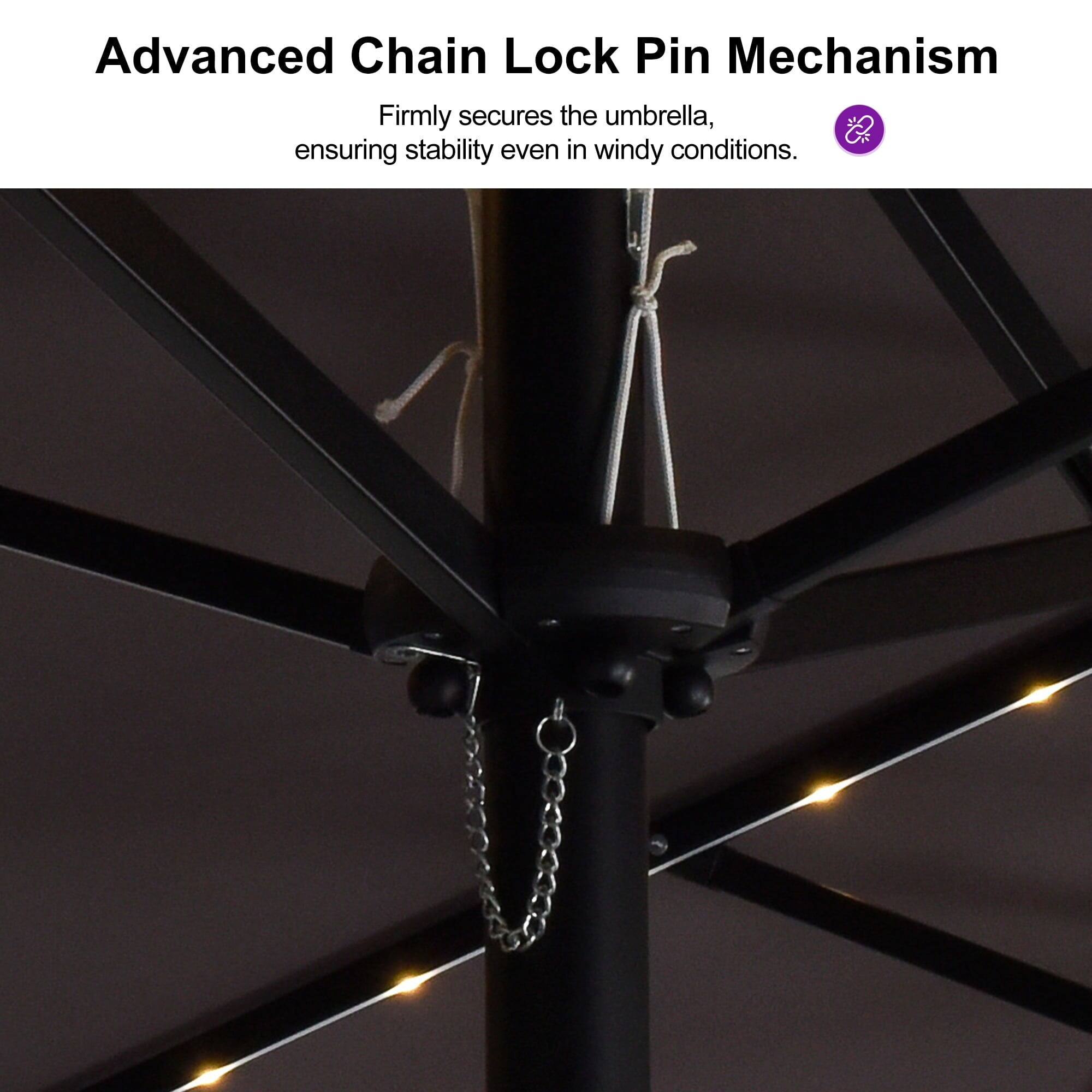 Advanced Chain Lock Pin Mechanism  
Firmly secures the umbrella, ensuring stability even in windy conditions.