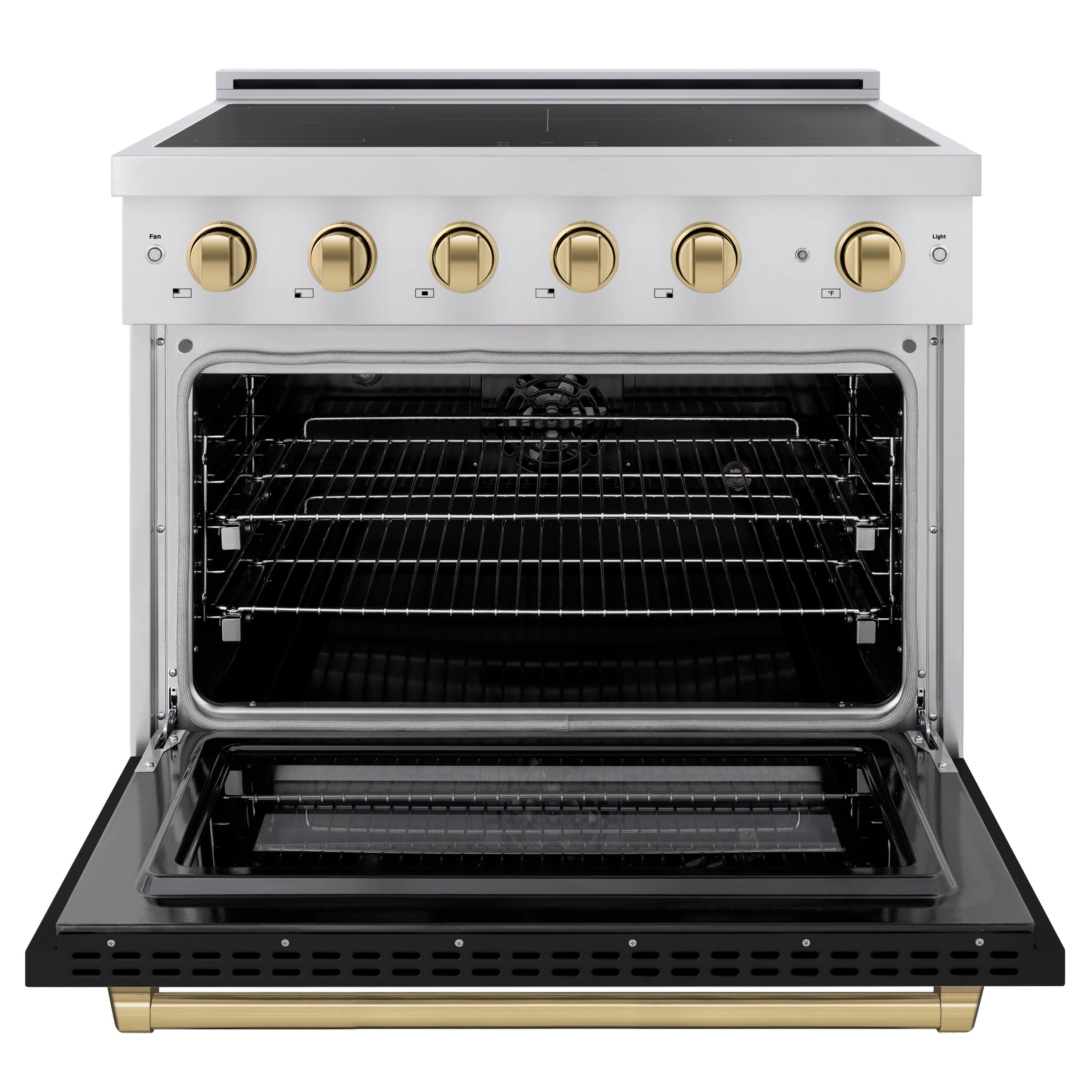 Angle. ZLINE - Autograph 36 in. 5.2 cu. ft. Paramount Freestanding Induction Range with 5 Burners and Bronze Accents with Black Door - Matte Black.