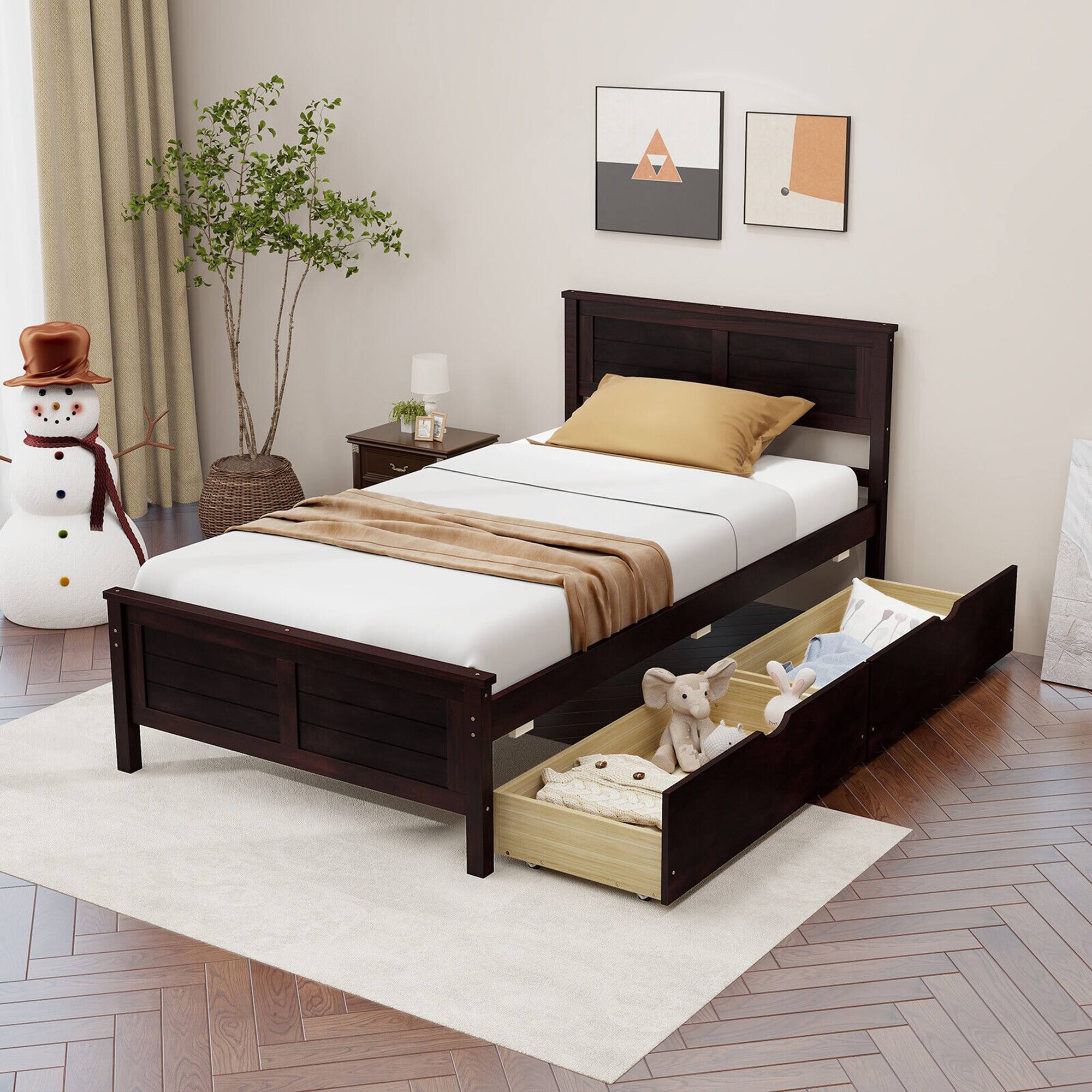 Alt View 4. Gymax - Gymax Twin Size Wooden Bed Frame with 2 Storage Drawers & Under-bed Storage Espresso - Espresso.