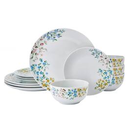 Studio Nova - 12-Piece Porcelain Dinnerware Set Fiona Floral Pattern - White with Multi Colored Wild Flowers
