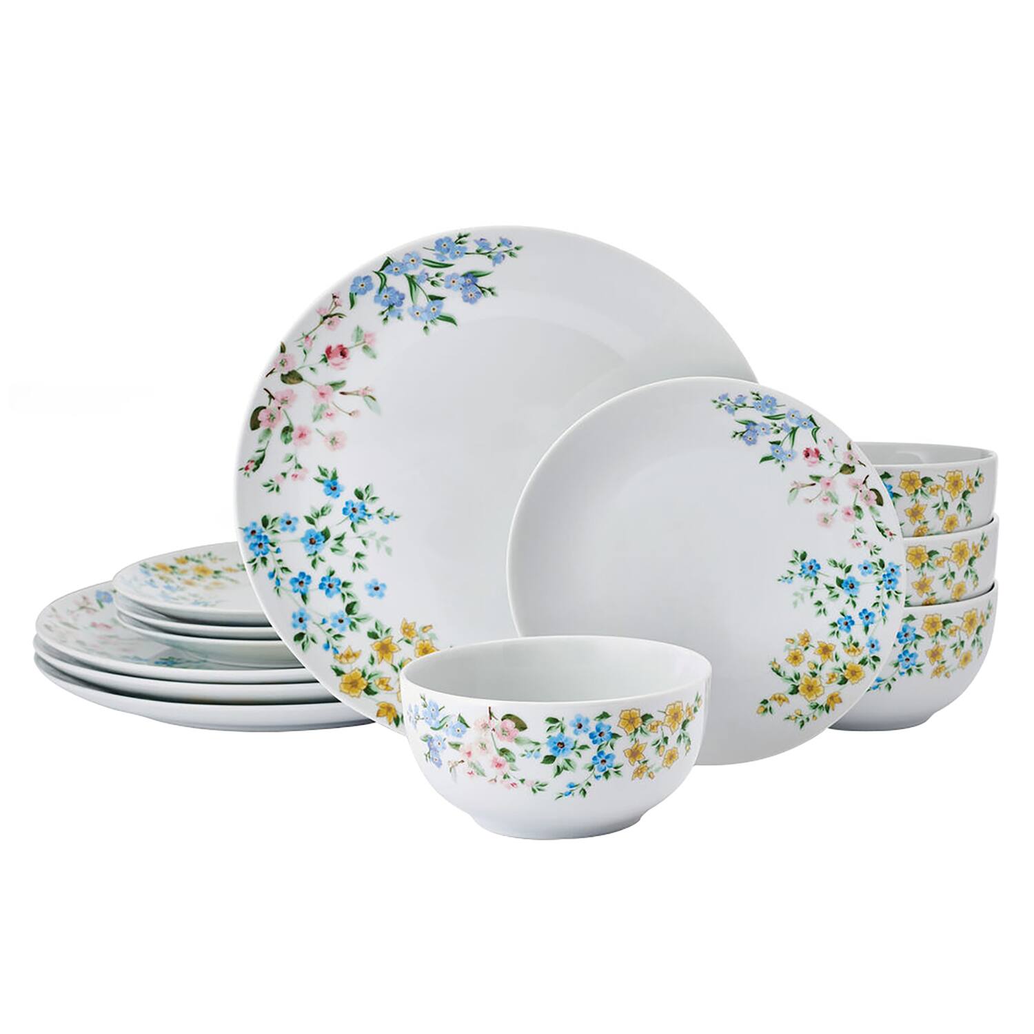 Front. Studio Nova - 12-Piece Porcelain Dinnerware Set Fiona Floral Pattern - White with Multi Colored Wild Flowers.