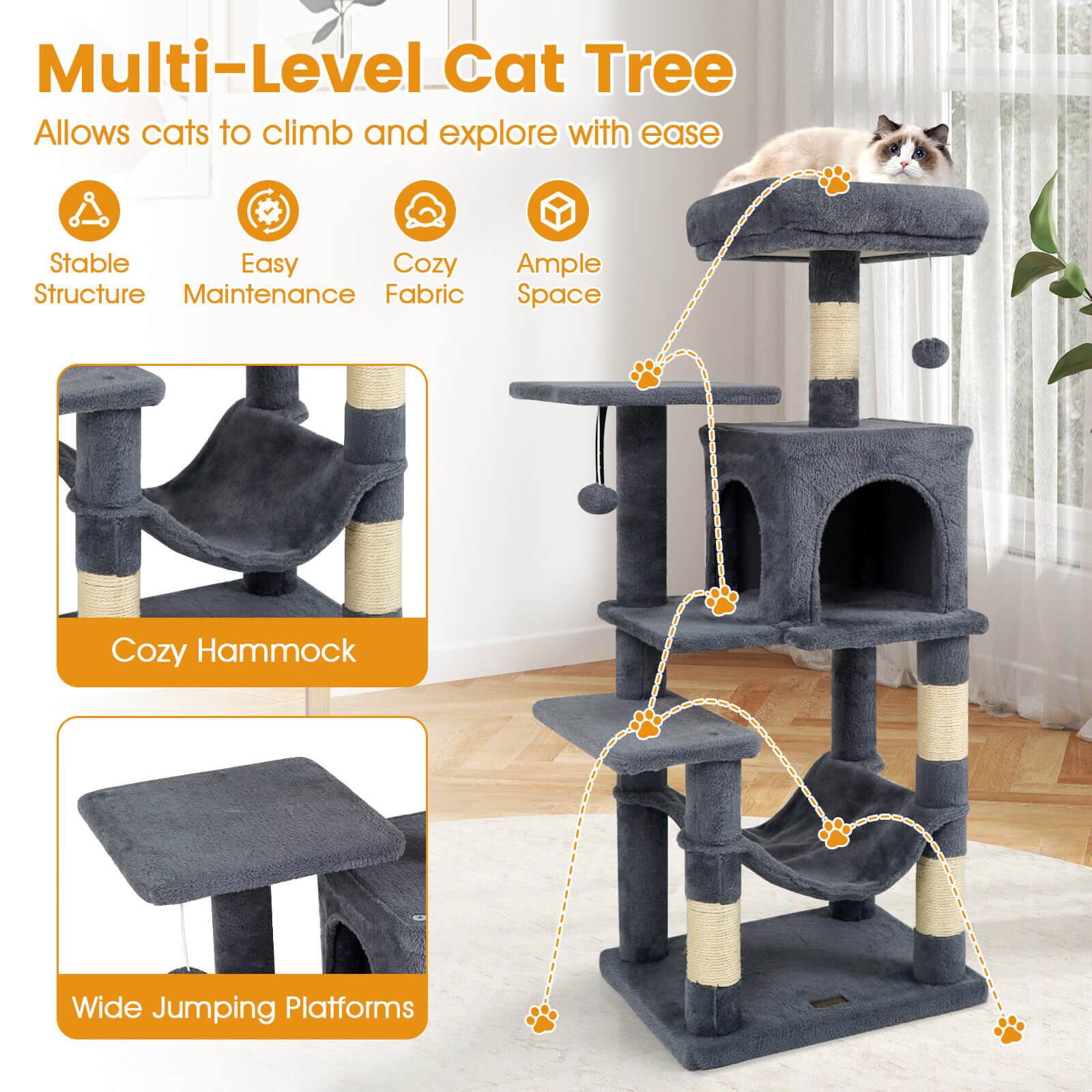 Multi-Level Cat Tree  
Allows cats to climb and explore with ease  

- Stable Structure  
- Easy Maintenance  
- Cozy Fabric  
- Ample Space  

Cozy Hammock  
Wide Jumping Platforms