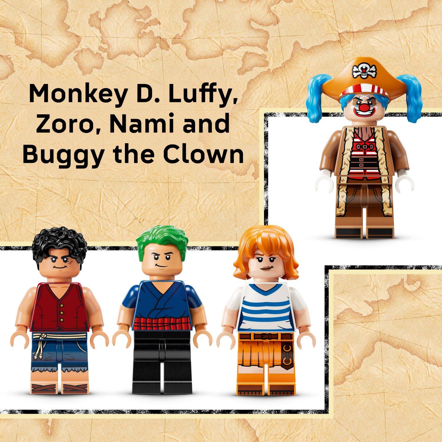 Monkey D. Luffy, Zoro, Nami, and Buggy the Clown.