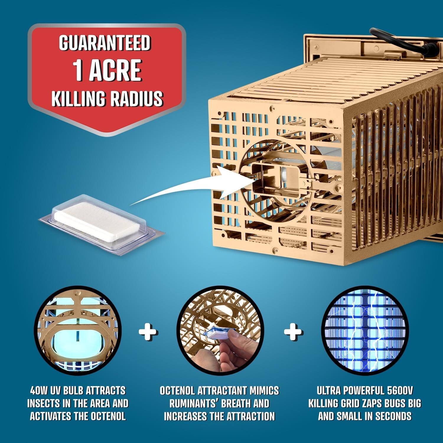 GUARANTEED 1 ACRE KILLING RADIUS

40W UV BULB ATTRACTS INSECTS IN THE AREA AND ACTIVATES THE OCTENOL

OCTENOL ATTRACTANT MIMICS RUMINANTS' BREATH AND INCREASES THE ATTRACTION

ULTRA POWERFUL 5600V KILLING GRID ZAPS BUGS BIG AND SMALL IN SECONDS