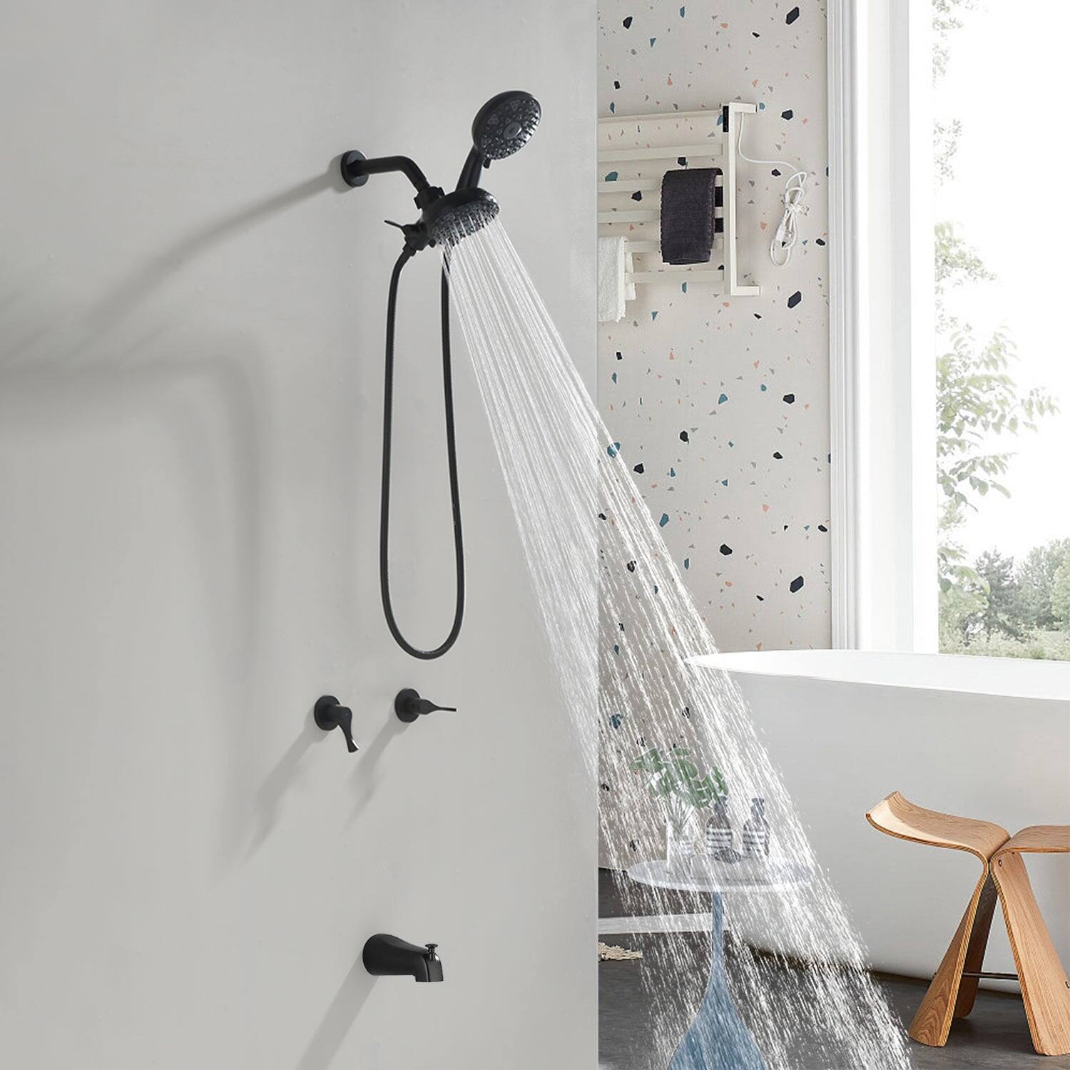 Alt View 4. Boyel Living - Matte Black Shower Set with Dual Handle Control 6 Function Dual Shower Heads and Tub Spout - Matte Black.