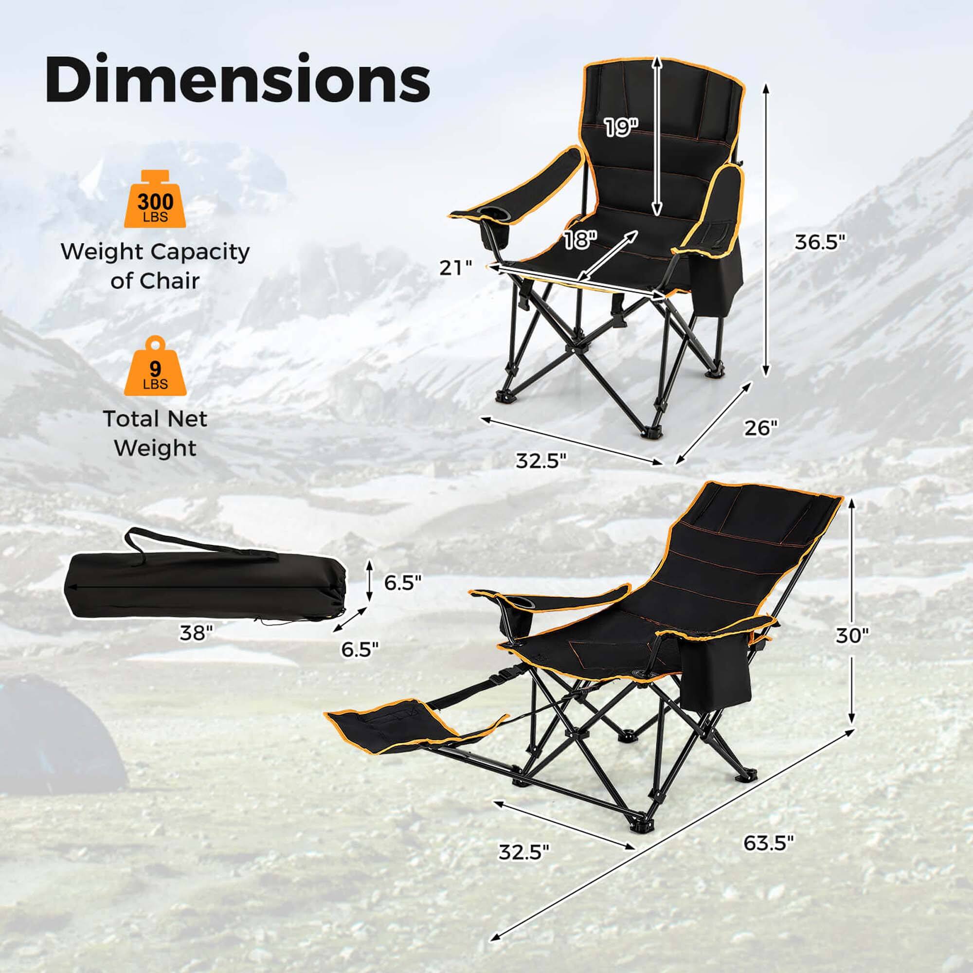 Dimensions: 19" x 300 LBS Weight Capacity of Chair: 21" x 18" x 36.5" Weight: 9 LBS Total Net Weight: 32.5" x 26" x 6.5" x 38" x 6.5" x 30" x 32.5" x 63.5"