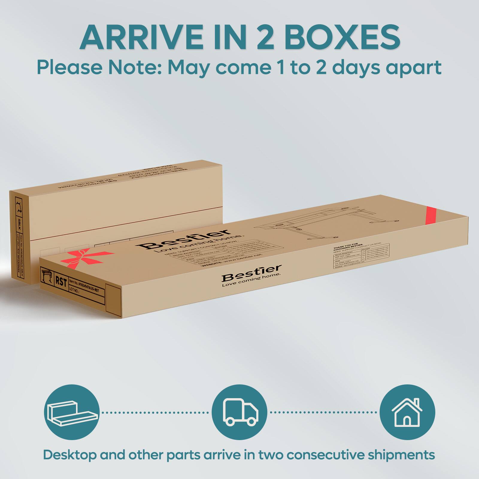 Arrive in 2 Boxes. Please Note: May come 1 to 2 days apart. Bectier V CA NE RST - Bestier coming name. E Love C. Desktop and other parts arrive in two consecutive shipments.