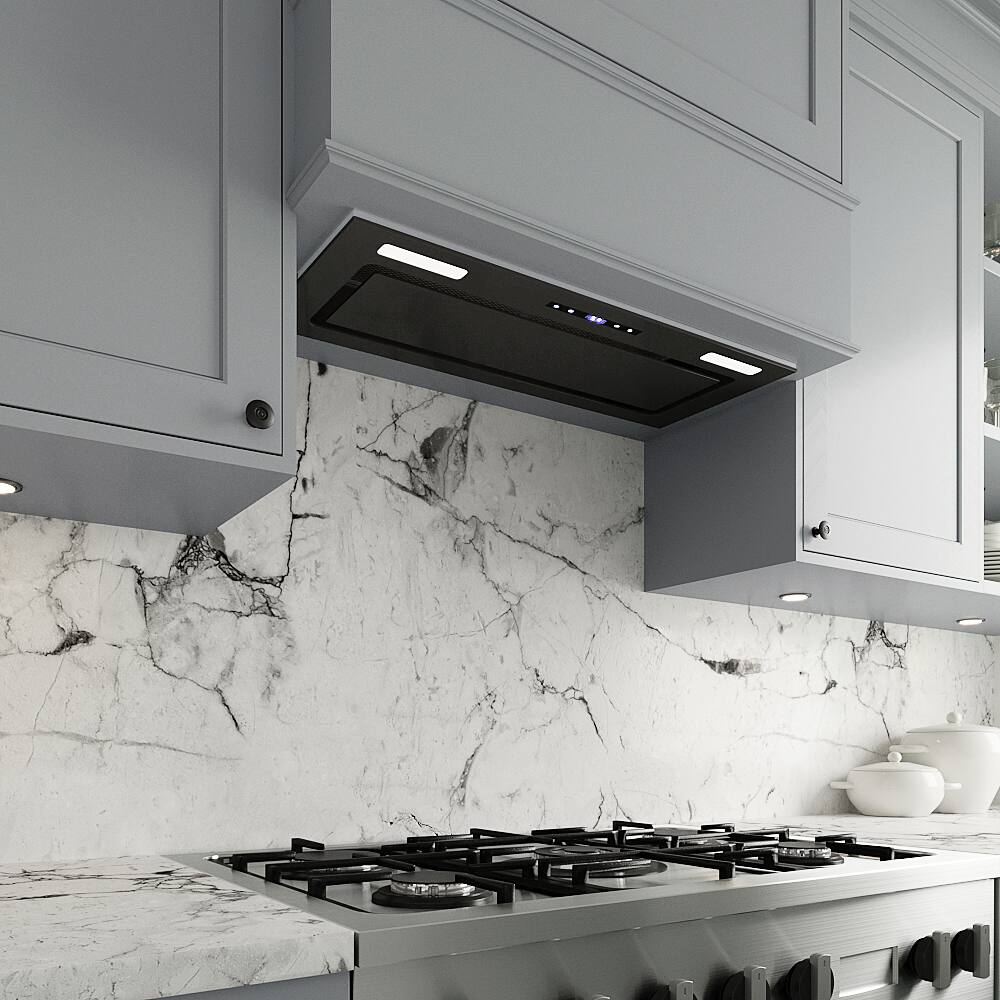 Back. Streamline - 28 in. Crosa Ducted Insert 350 CFM Range Hood, Mesh Filters, Touchpad Control, LED Lights - Glossy Black.