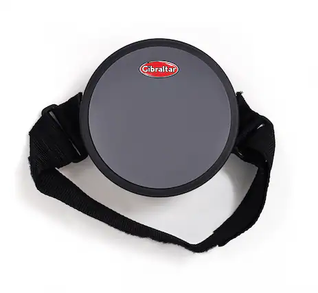 Front. Gibraltar Hardware - 6" Leg Strap Practice Pad with Contoured Ergonomic Base, Adjustable Wide Velcro Strap for Portable and Quiet Drumming.