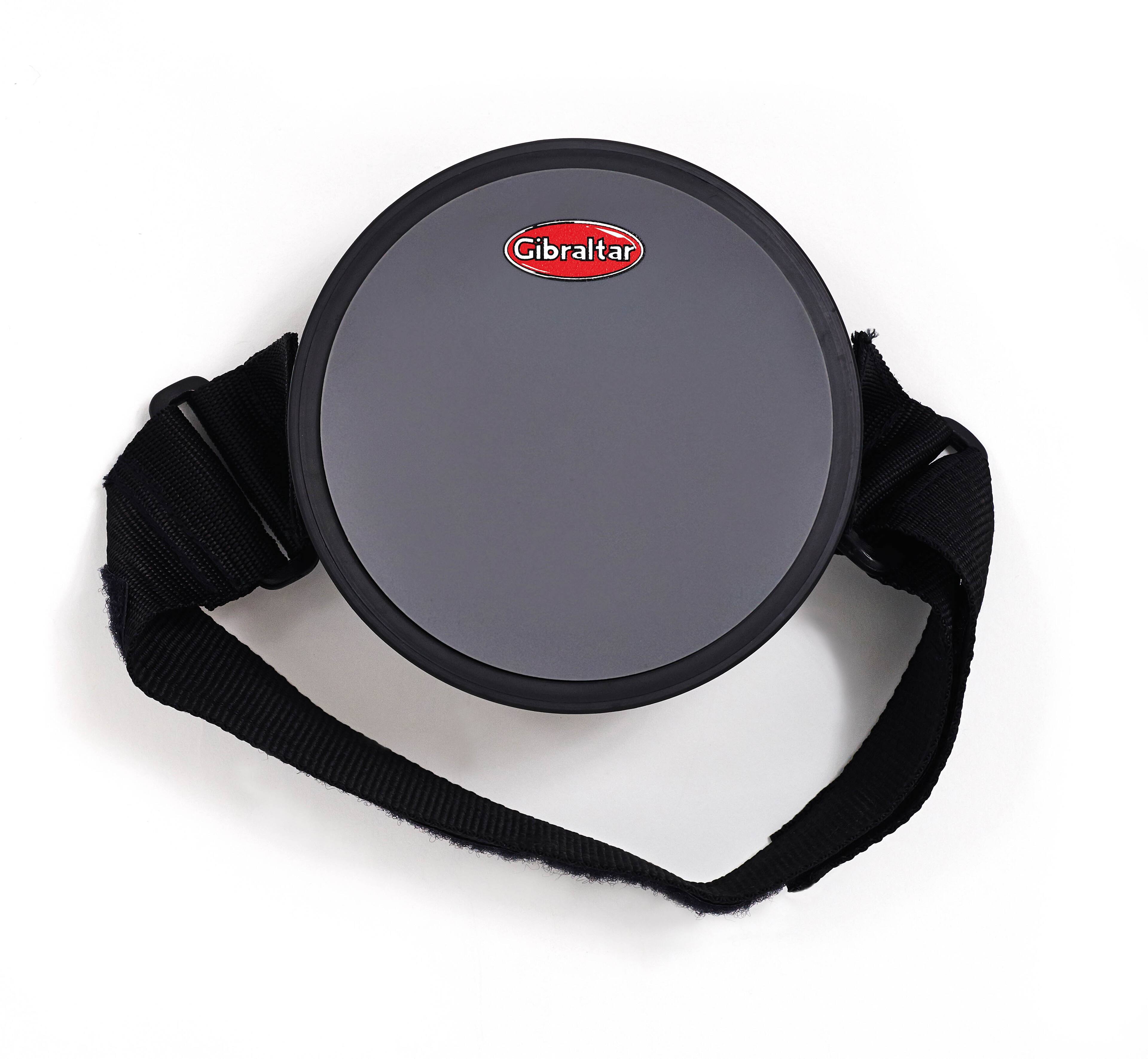 Front. Gibraltar Hardware - 6" Leg Strap Practice Pad with Contoured Ergonomic Base, Adjustable Wide Velcro Strap for Portable and Quiet Drumming.